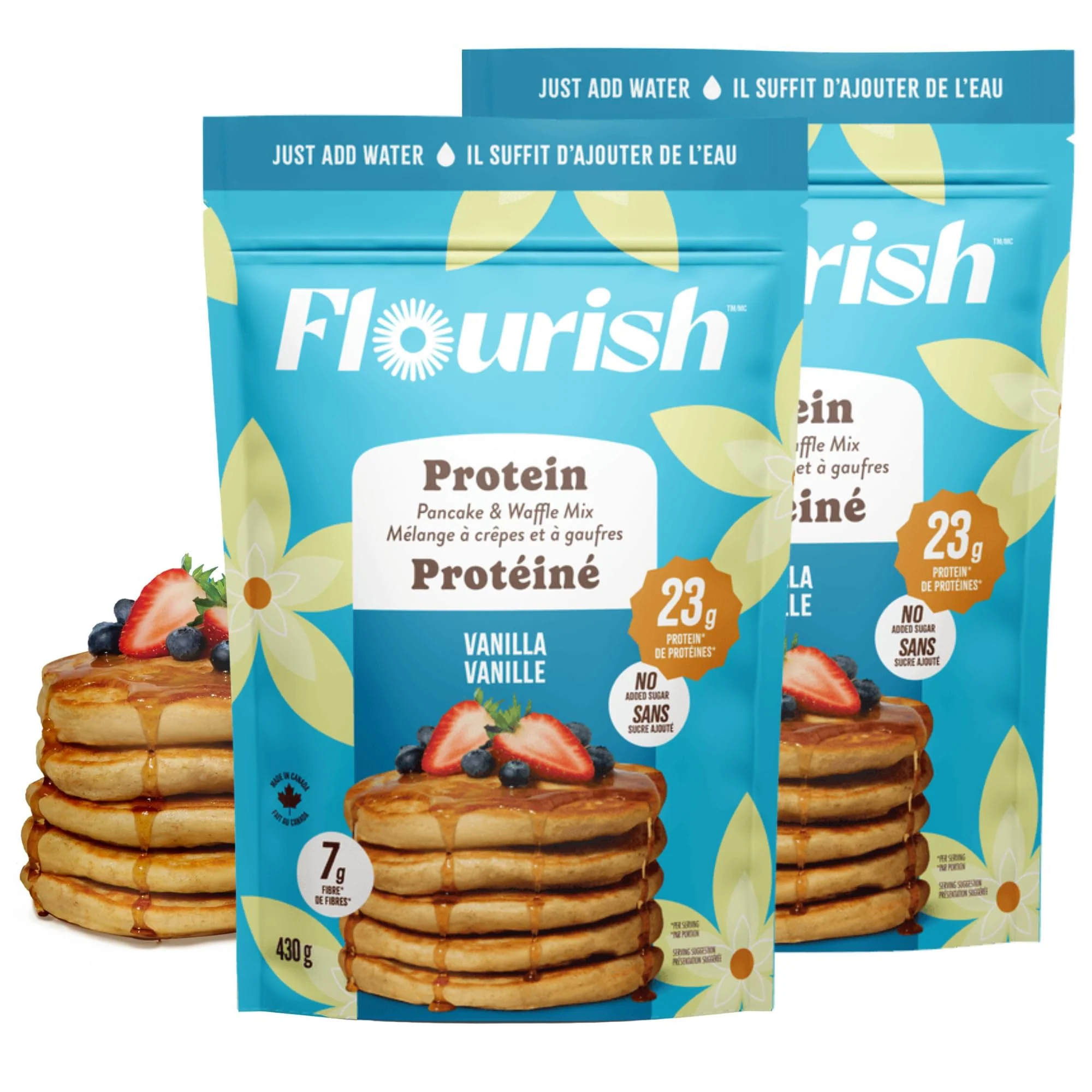 Flourish – Protein Pancake and Waffle Mix – Vanilla – 2 × 430g – High fibre just add water - Canadian Distribution - Ships Free Within Canada on Orders Above CAD $199