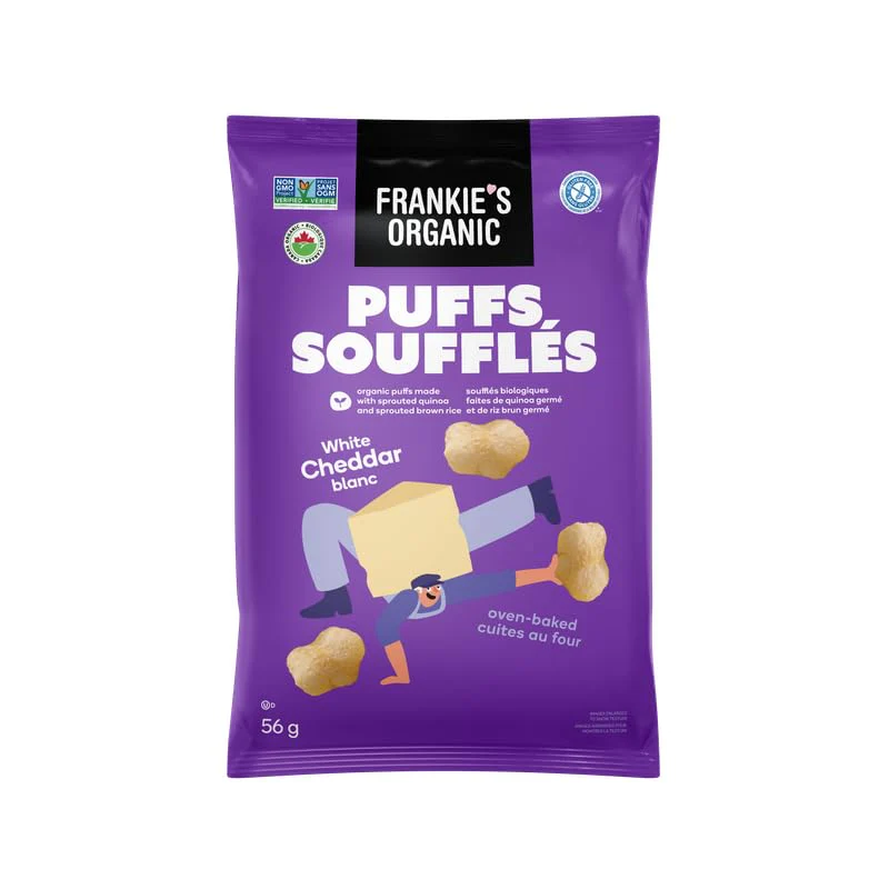 Frankie's Organic White Cheddar Puffs – 36-Pack Single-Serve Bags (56g Each | 2.016kg Total) – Baked, Gluten-Free, Non-GMO, Sprouted Grains - Canadian Distribution - Ships Free Within Canada on Orders Above CAD $199