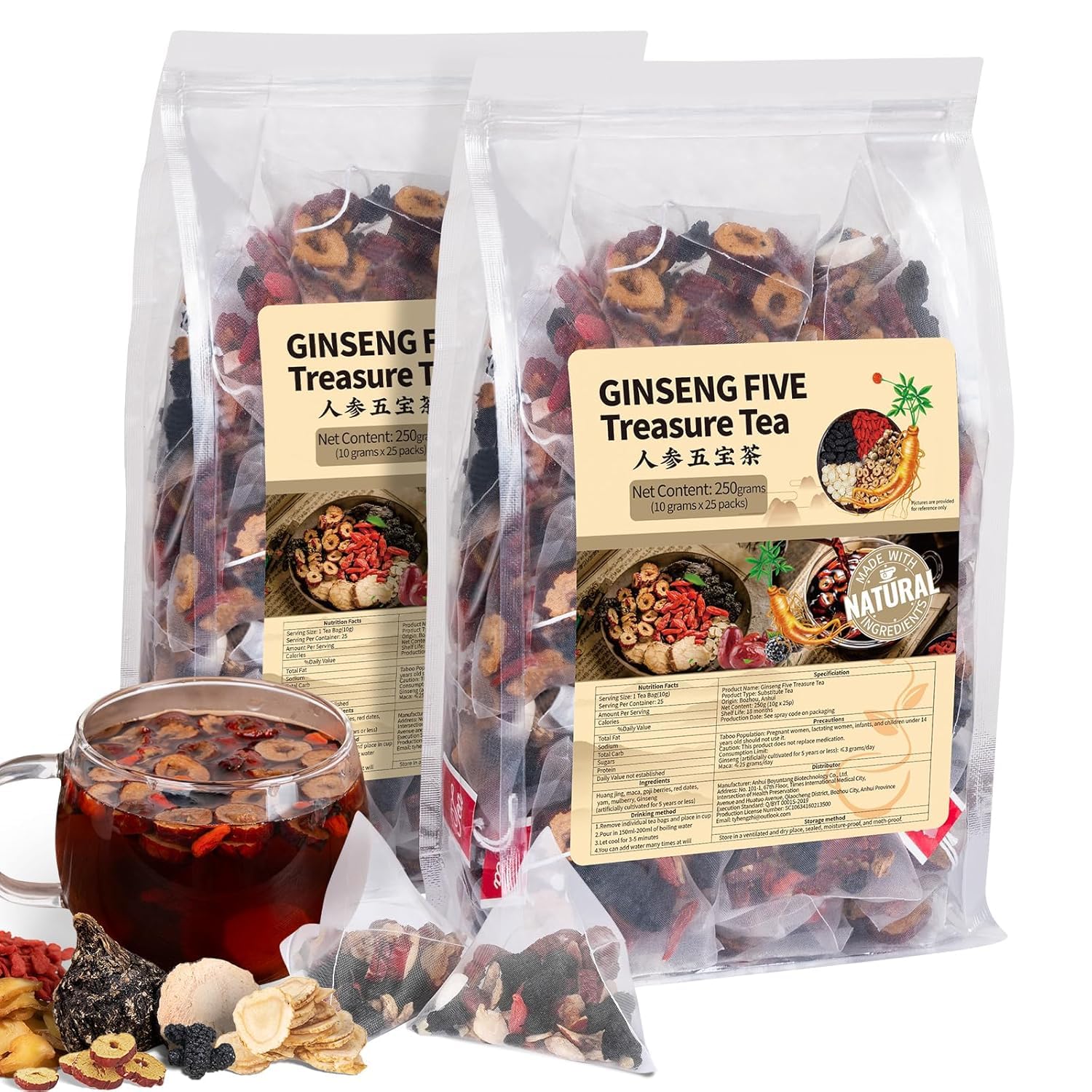 Ginseng Five Treasures – Detox Herbal Tea – Five Treasures Formula – 2 Pack / 50 Bags - Canadian Distribution - Ships Free Within Canada on Orders Above CAD $199