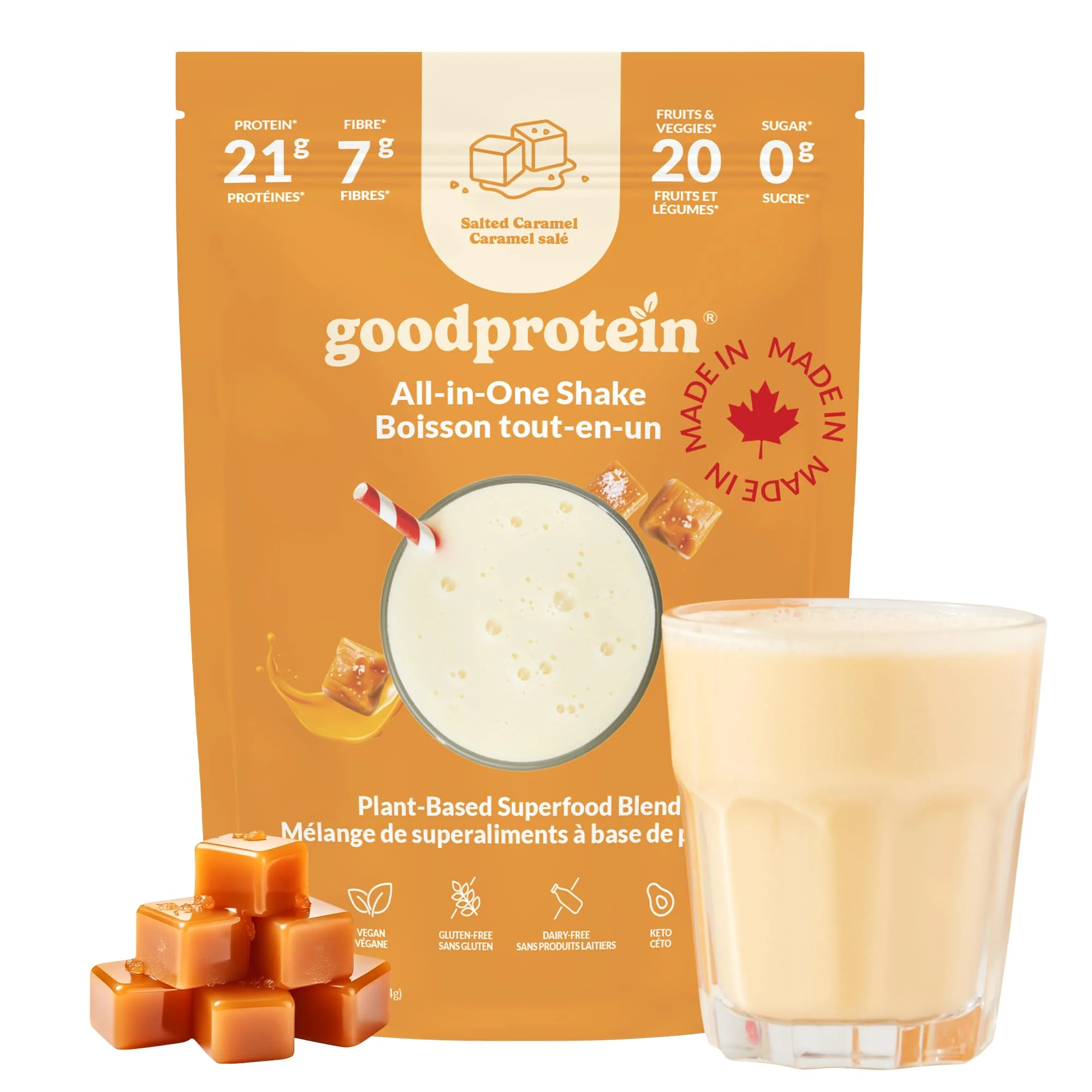 Good Protein - Salted Caramel - Vegan Plant-Based Protein Powder - 440g - Canadian Distribution - Ships Free Within Canada on Orders Above CAD $199