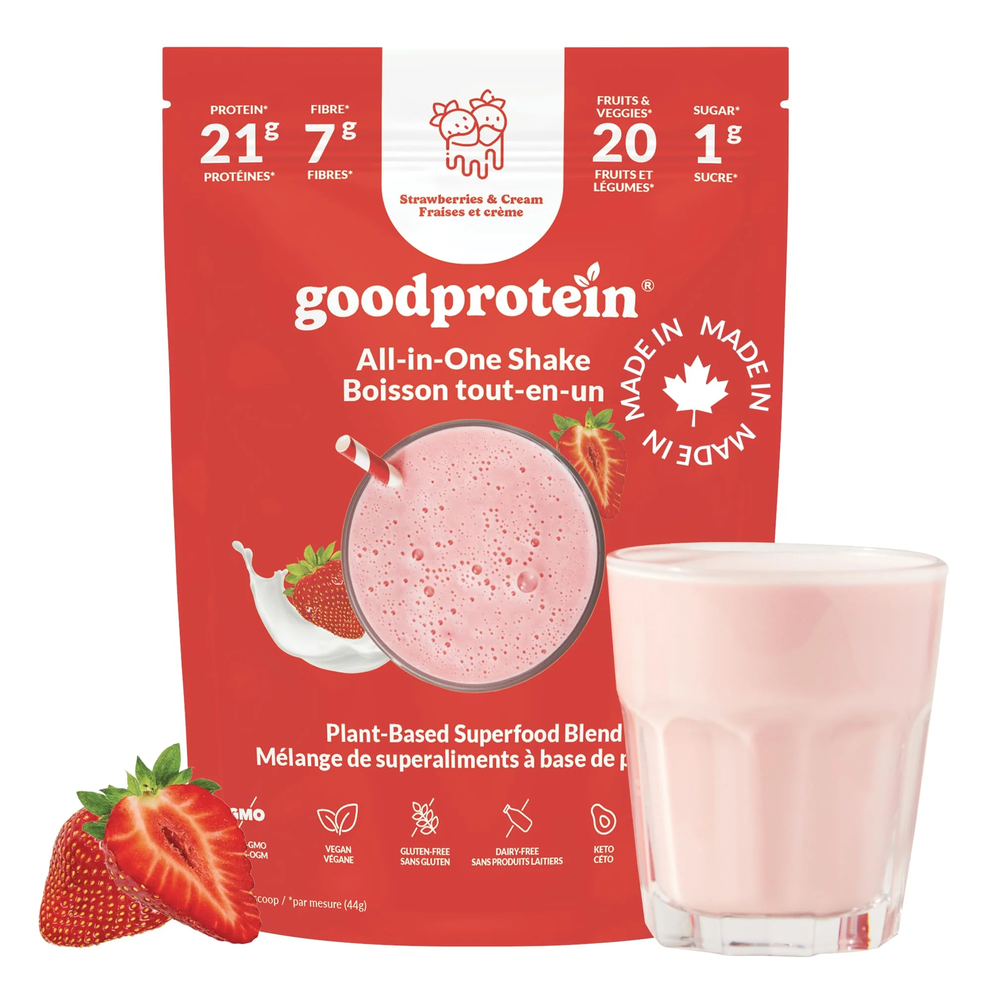 Good Protein - Strawberries & Cream - Vegan Plant-Based Protein Powder - 880g - Canadian Distribution - Ships Free Within Canada on Orders Above CAD $199