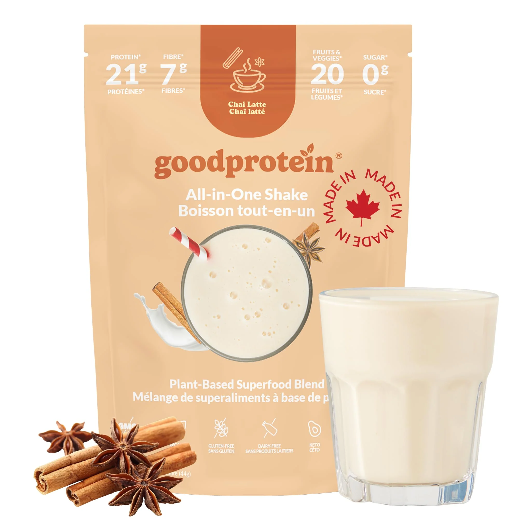 Good Protein – Vegan All-in-One Protein Shake – Chai Latte – 880g - Canadian Distribution - Ships Free Within Canada on Orders Above CAD $199