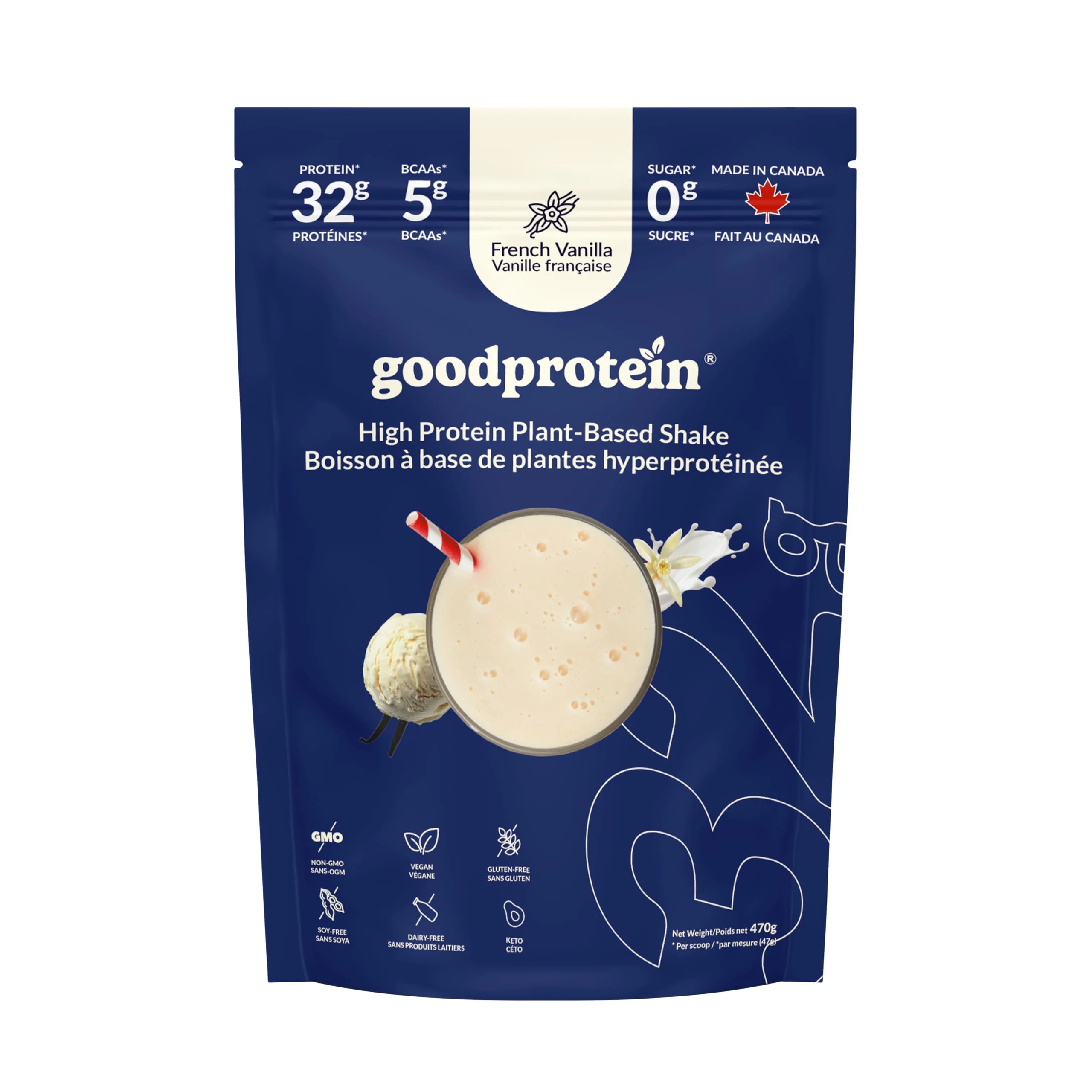 Good Protein – Vegan Plant Based Protein Powder – French Vanilla – 470g – 32g protein - Canadian Distribution - Ships Free Within Canada on Orders Above CAD $199