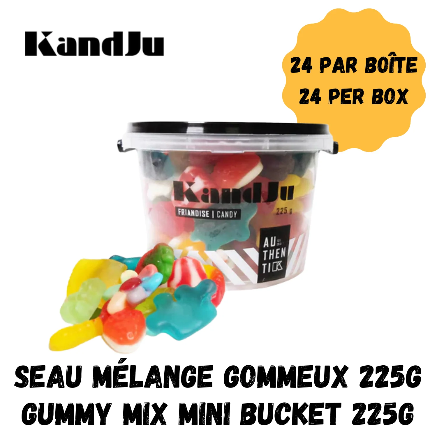 Gourmet Kand Ju Candy Buckets - Case of 24 x 225g Buckets - Premium Candies & Gummies - Ships Free Within Canada on Orders Above CAD $199