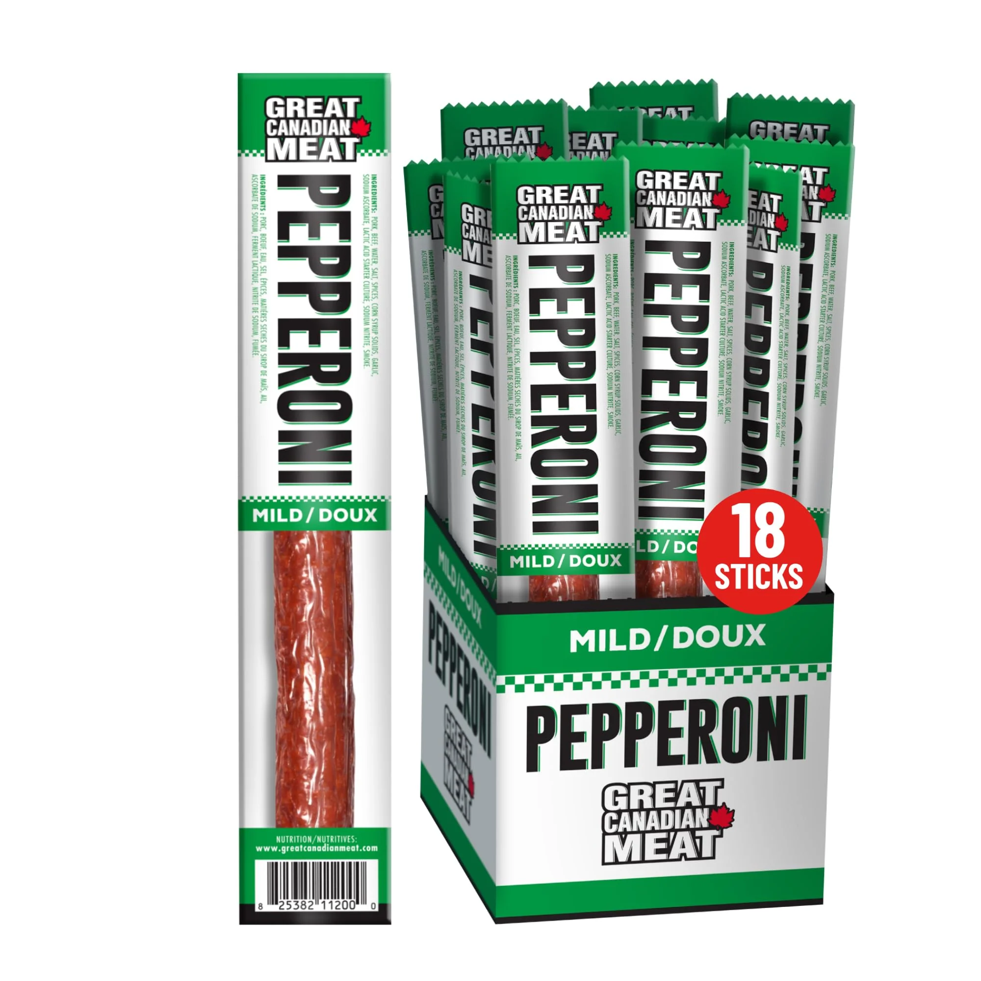Great Canadian Meat – Mild Pepperoni Sticks – 18 x 22g - Canadian Distribution - Ships Free Within Canada on Orders Above CAD $199