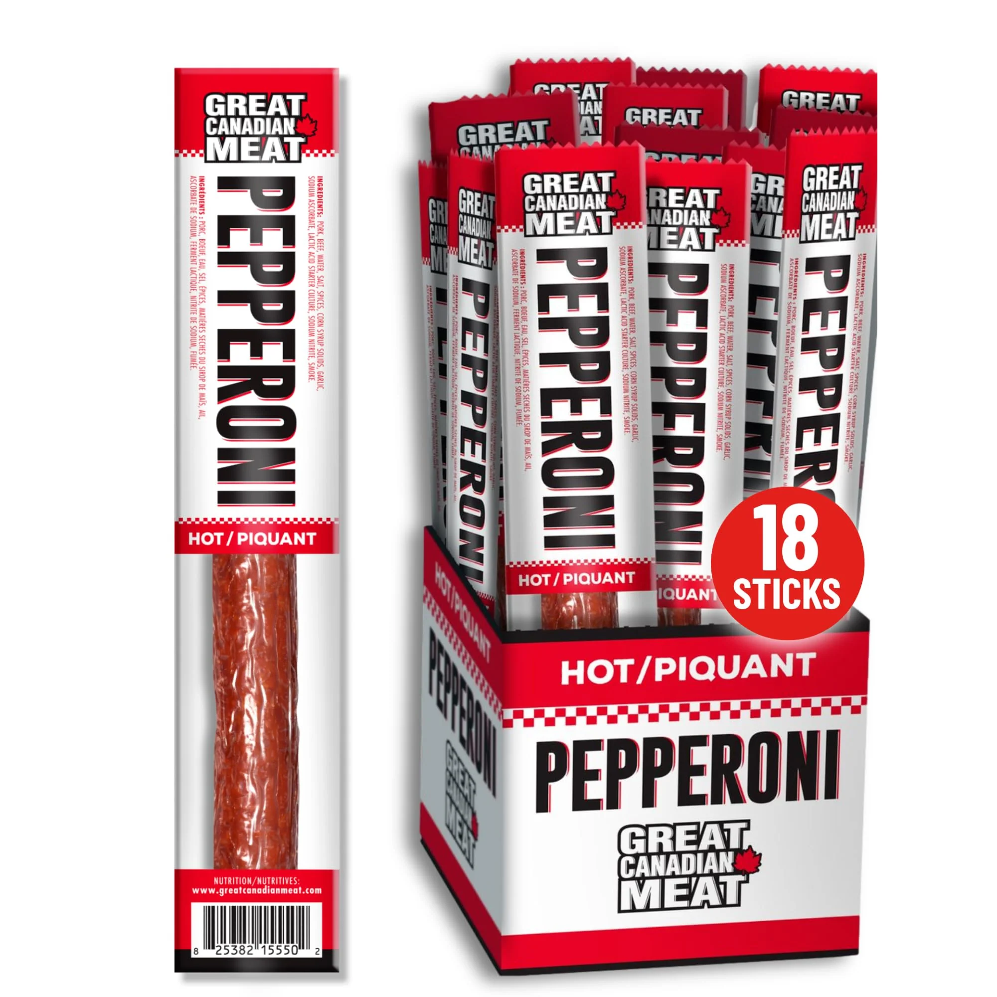 Great Canadian Meat – Pepperoni Sticks – Hot – 18 × 22g – High protein snack - Canadian Distribution - Ships Free Within Canada on Orders Above CAD $199