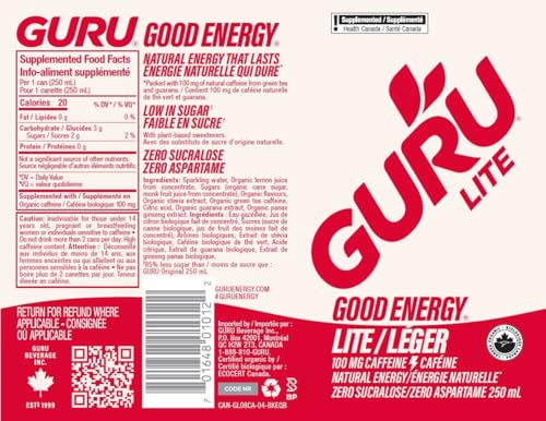 GURU – Lite Organic Energy Drink – Plant-Based Caffeine – 250mL x 24 - Canadian Distribution - Ships Free Within Canada on Orders Above CAD $199 - Image 8