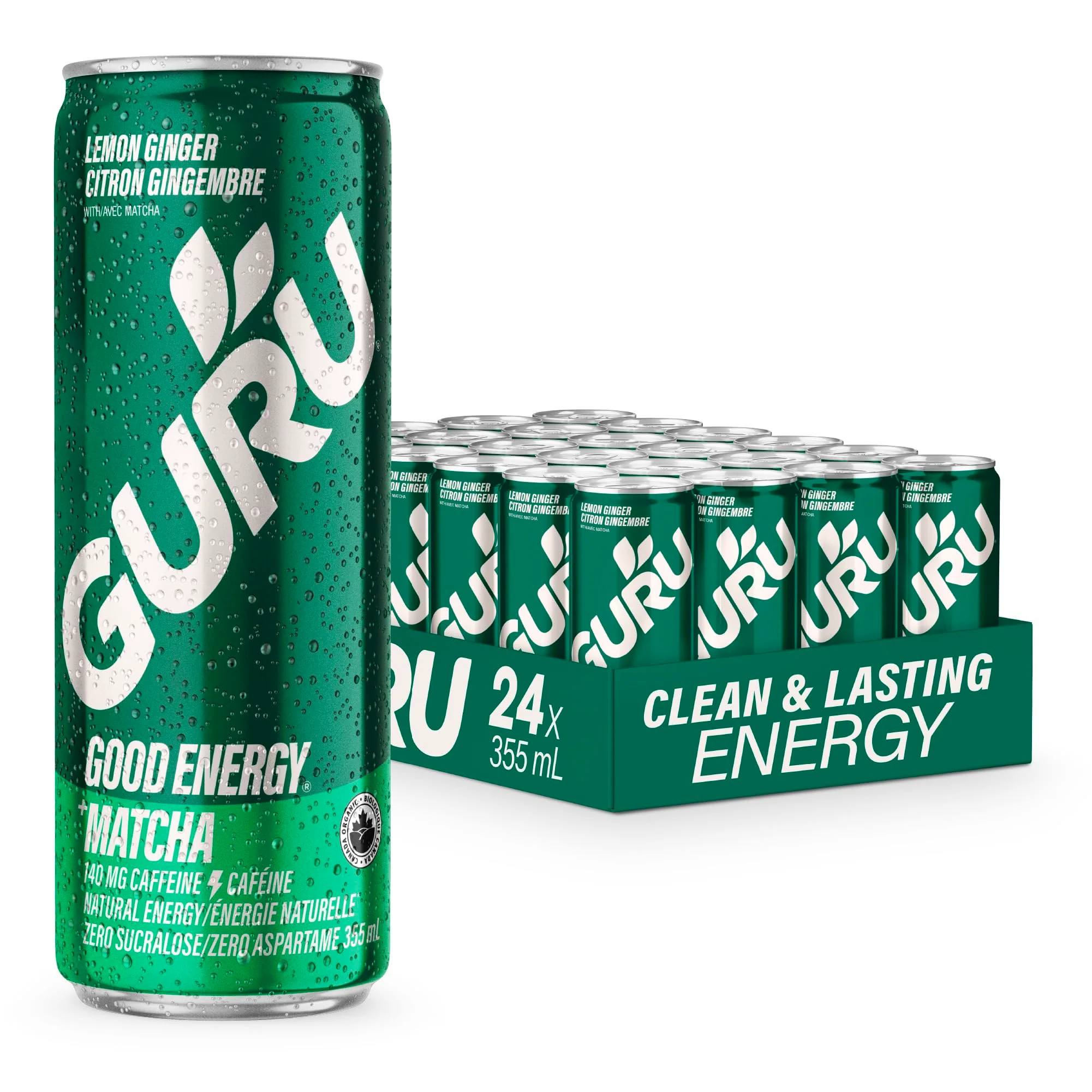 GURU – Matcha Energy Drink – Lemon Ginger – 24 × 355 ml - Canadian Distribution - Ships Free Within Canada on Orders Above CAD $199