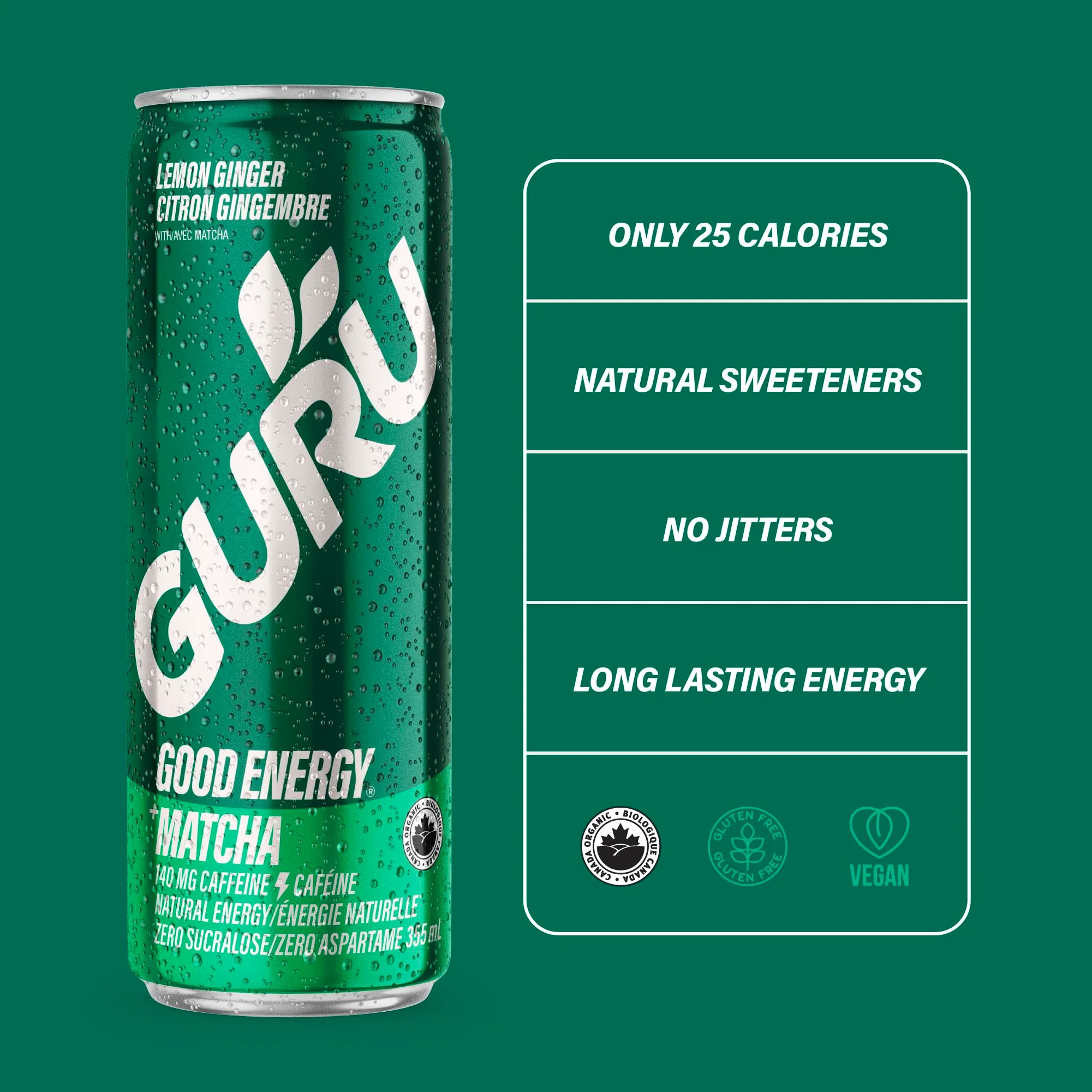 GURU – Matcha Energy Drink – Lemon Ginger – 24 × 355 ml - Canadian Distribution - Ships Free Within Canada on Orders Above CAD $199 - Image 3