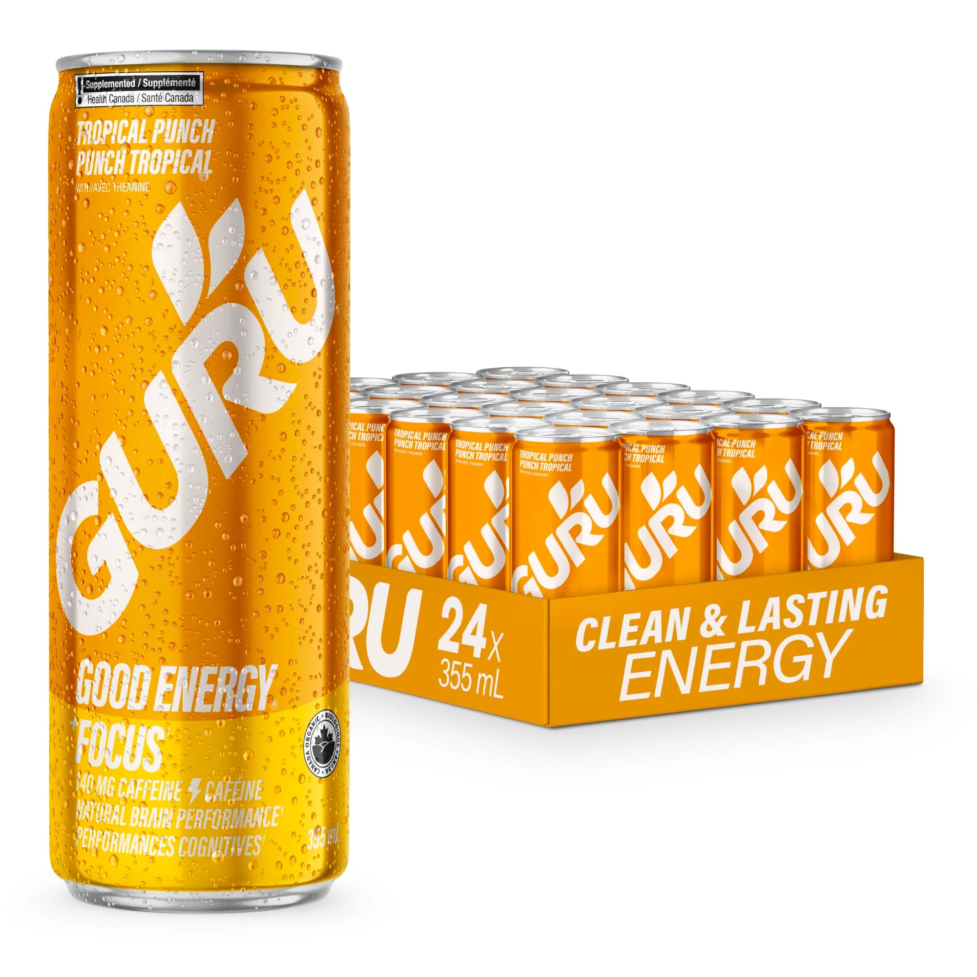 GURU – Organic Energy Drink – Tropical Punch – 24 × 355mL – Plant based caffeine - Canadian Distribution - Ships Free Within Canada on Orders Above CAD $199