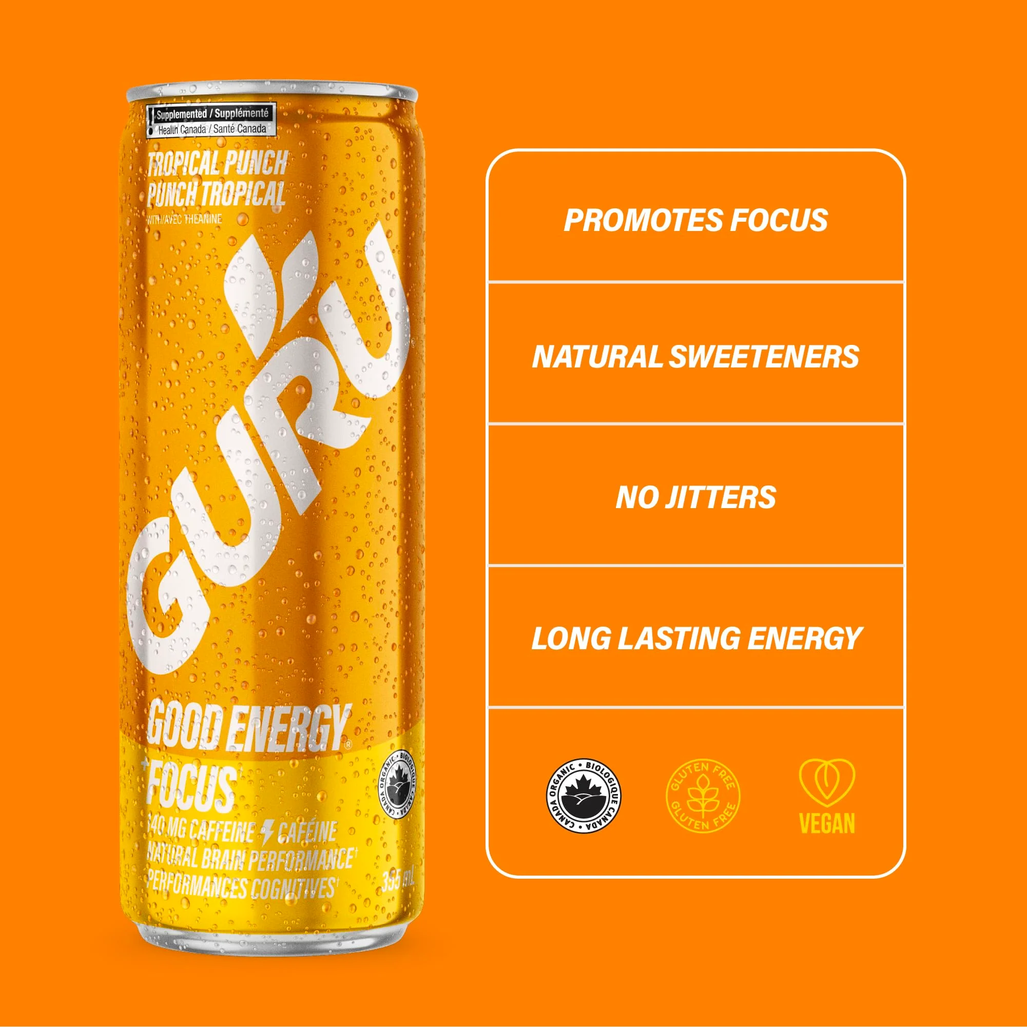 GURU – Organic Energy Drink – Tropical Punch – 24 × 355mL – Plant based caffeine - Canadian Distribution - Ships Free Within Canada on Orders Above CAD $199 - Image 3