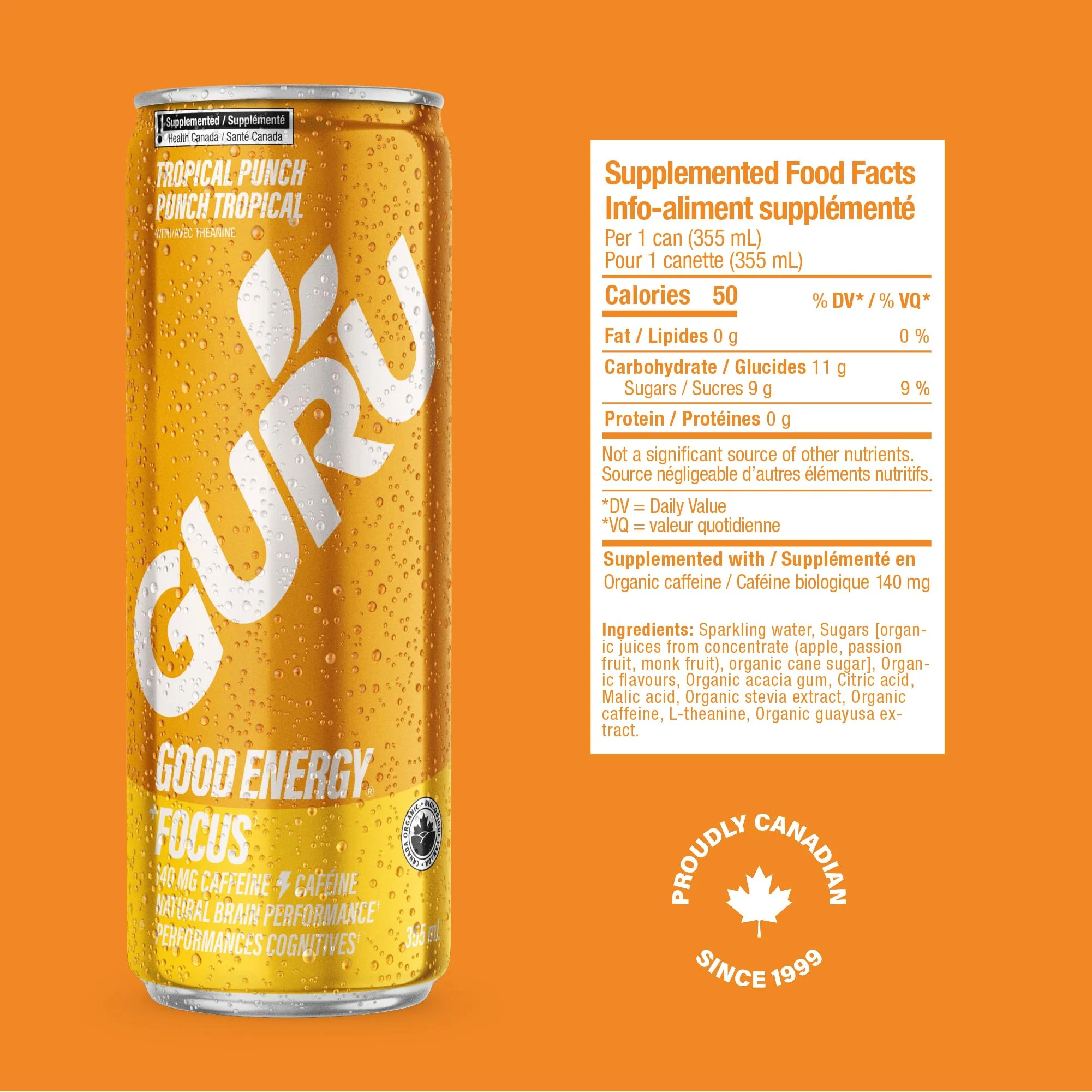 GURU – Organic Energy Drink – Tropical Punch – 24 × 355mL – Plant based caffeine - Canadian Distribution - Ships Free Within Canada on Orders Above CAD $199 - Image 7