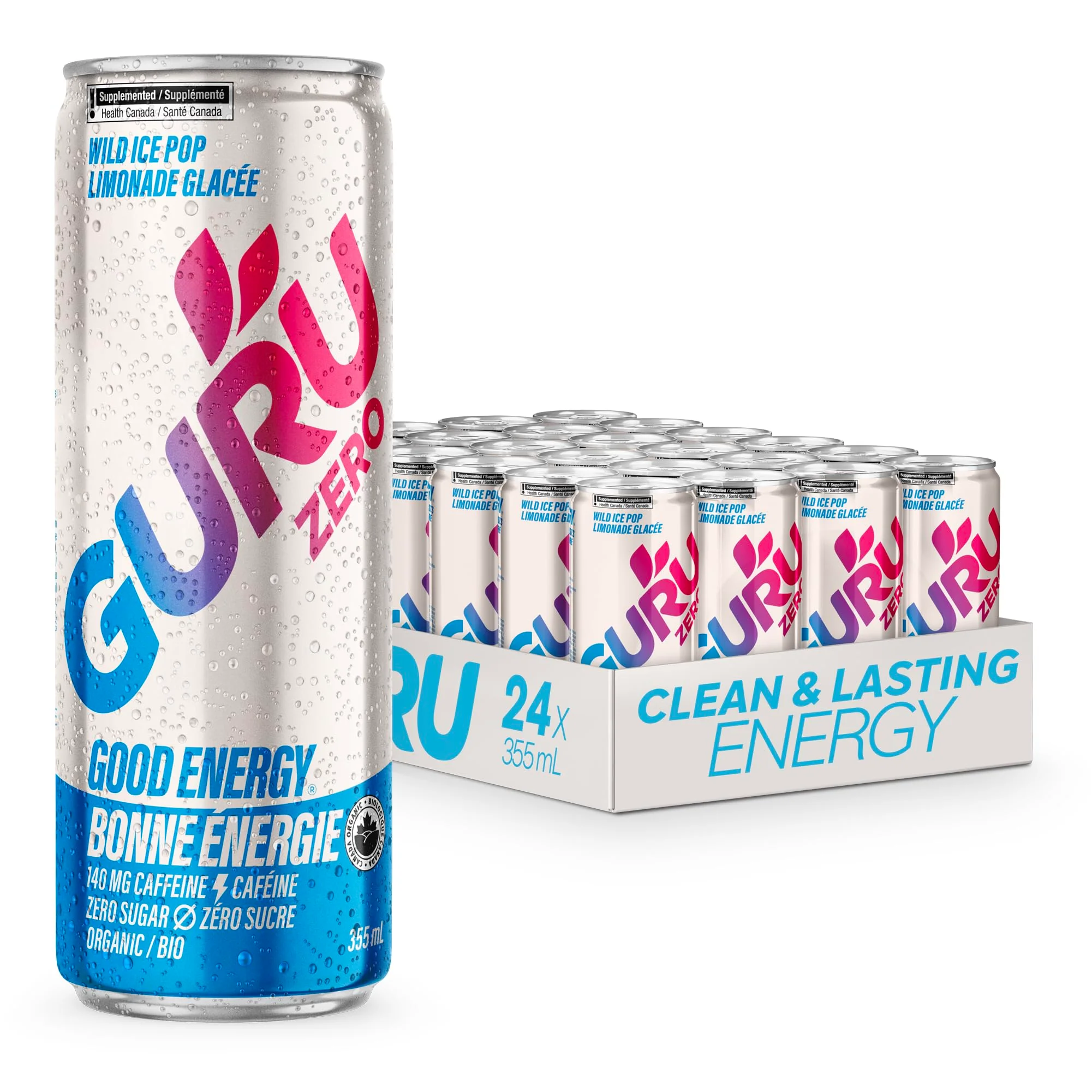 GURU – Zero Sucre Organic Energy Drink – Wild Ice Pop – 24 × 355mL – Zero sugar - Canadian Distribution - Ships Free Within Canada on Orders Above CAD $199