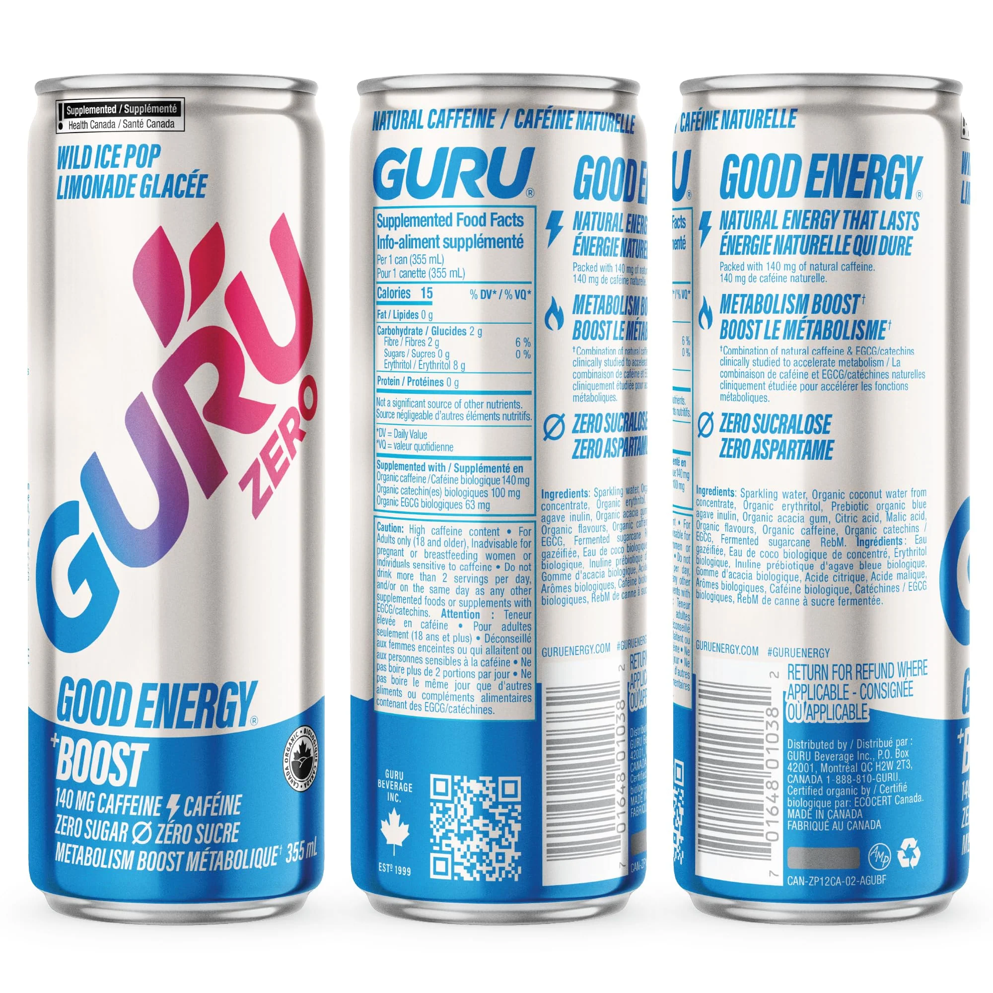 GURU – Zero Sucre Organic Energy Drink – Wild Ice Pop – 24 × 355mL – Zero sugar - Canadian Distribution - Ships Free Within Canada on Orders Above CAD $199 - Image 2