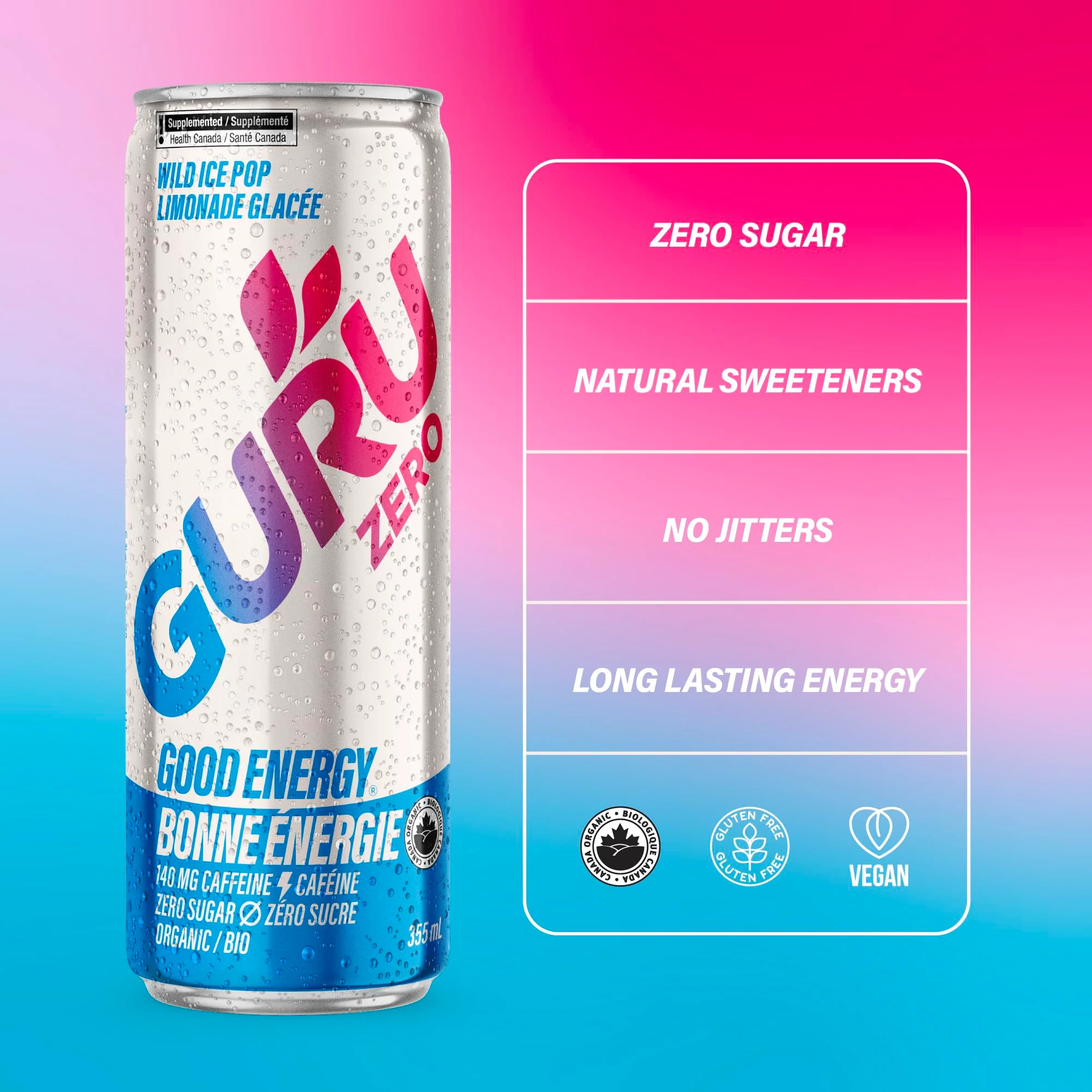 GURU – Zero Sucre Organic Energy Drink – Wild Ice Pop – 24 × 355mL – Zero sugar - Canadian Distribution - Ships Free Within Canada on Orders Above CAD $199 - Image 5