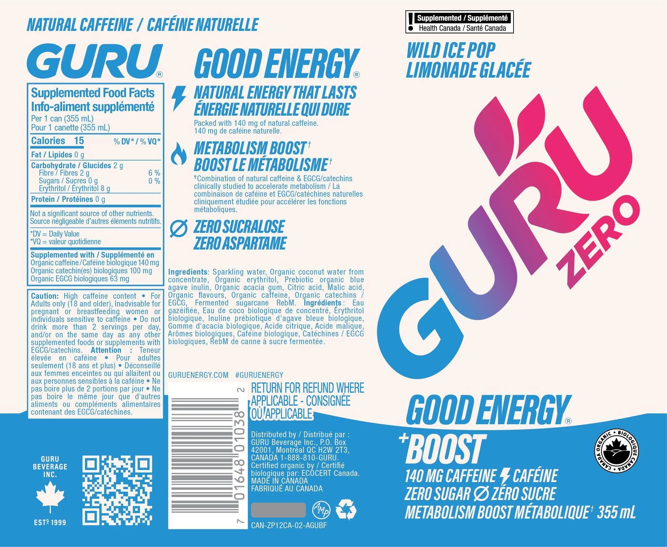 GURU – Zero Sucre Organic Energy Drink – Wild Ice Pop – 24 × 355mL – Zero sugar - Canadian Distribution - Ships Free Within Canada on Orders Above CAD $199 - Image 8