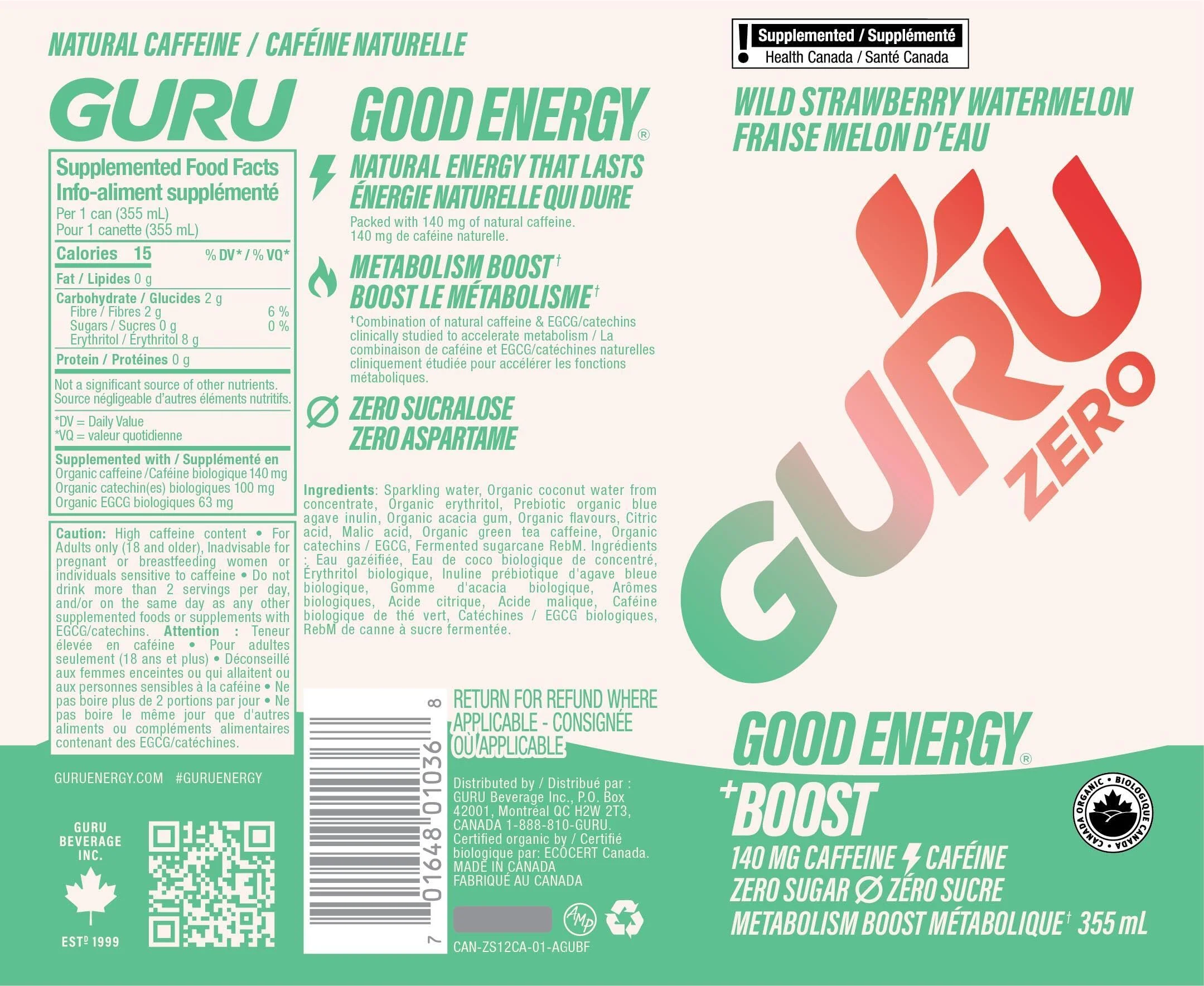 GURU – Zero Sugar Energy Drink – Wild Strawberry Watermelon – 24 × 355 ml - Canadian Distribution - Ships Free Within Canada on Orders Above CAD $199 - Image 8