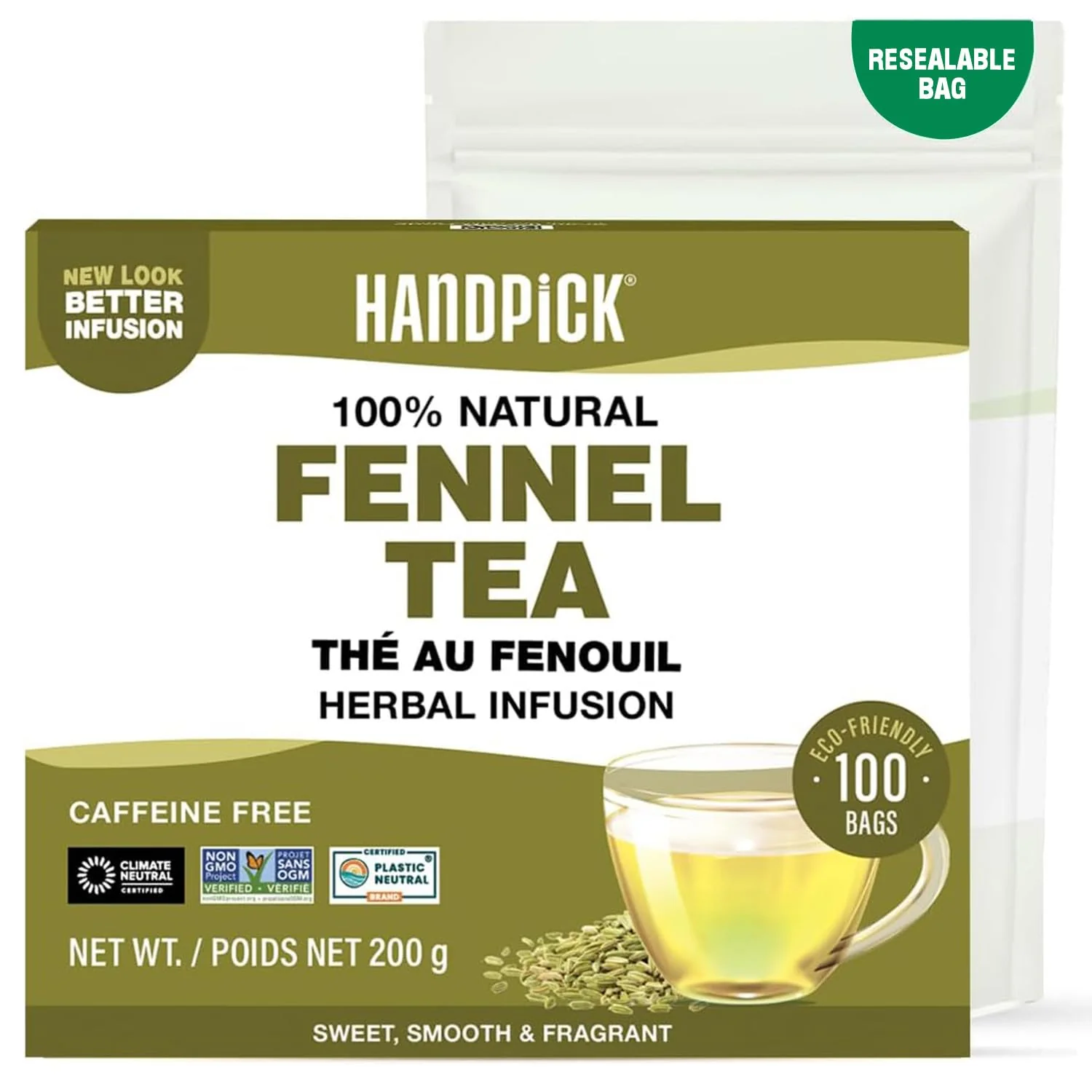 HANDPICK Fennel Tea Bags - 100 Count Herbal Tea, Caffeine-Free, Pure Whole Fennel Seeds - Canadian Distribution - Ships Free Within Canada on Orders Above CAD $199