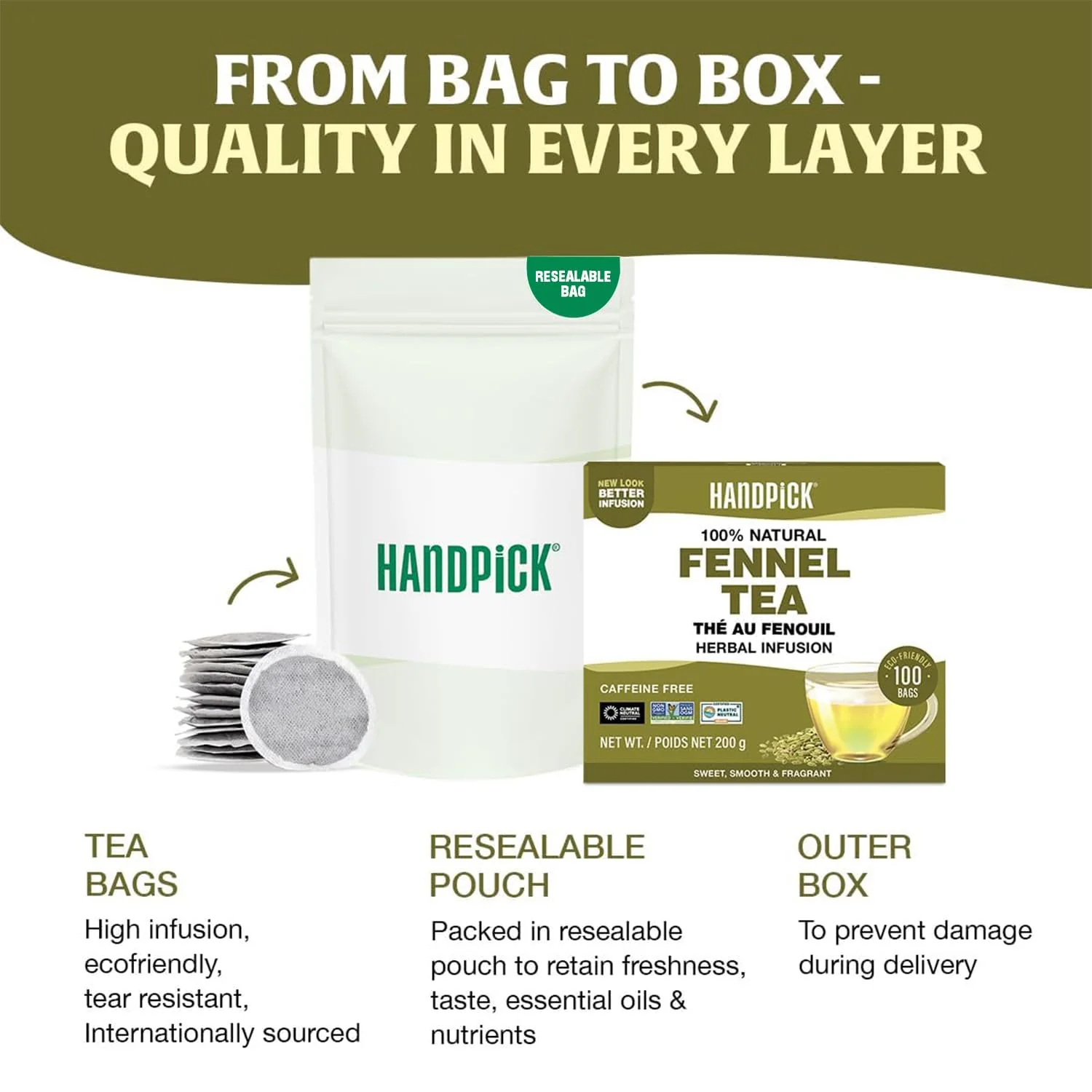 HANDPICK Fennel Tea Bags - 100 Count Herbal Tea, Caffeine-Free, Pure Whole Fennel Seeds - Canadian Distribution - Ships Free Within Canada on Orders Above CAD $199 - Image 4
