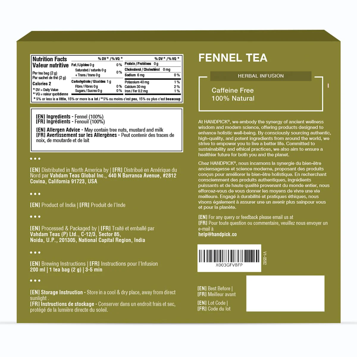 HANDPICK Fennel Tea Bags - 100 Count Herbal Tea, Caffeine-Free, Pure Whole Fennel Seeds - Canadian Distribution - Ships Free Within Canada on Orders Above CAD $199 - Image 9