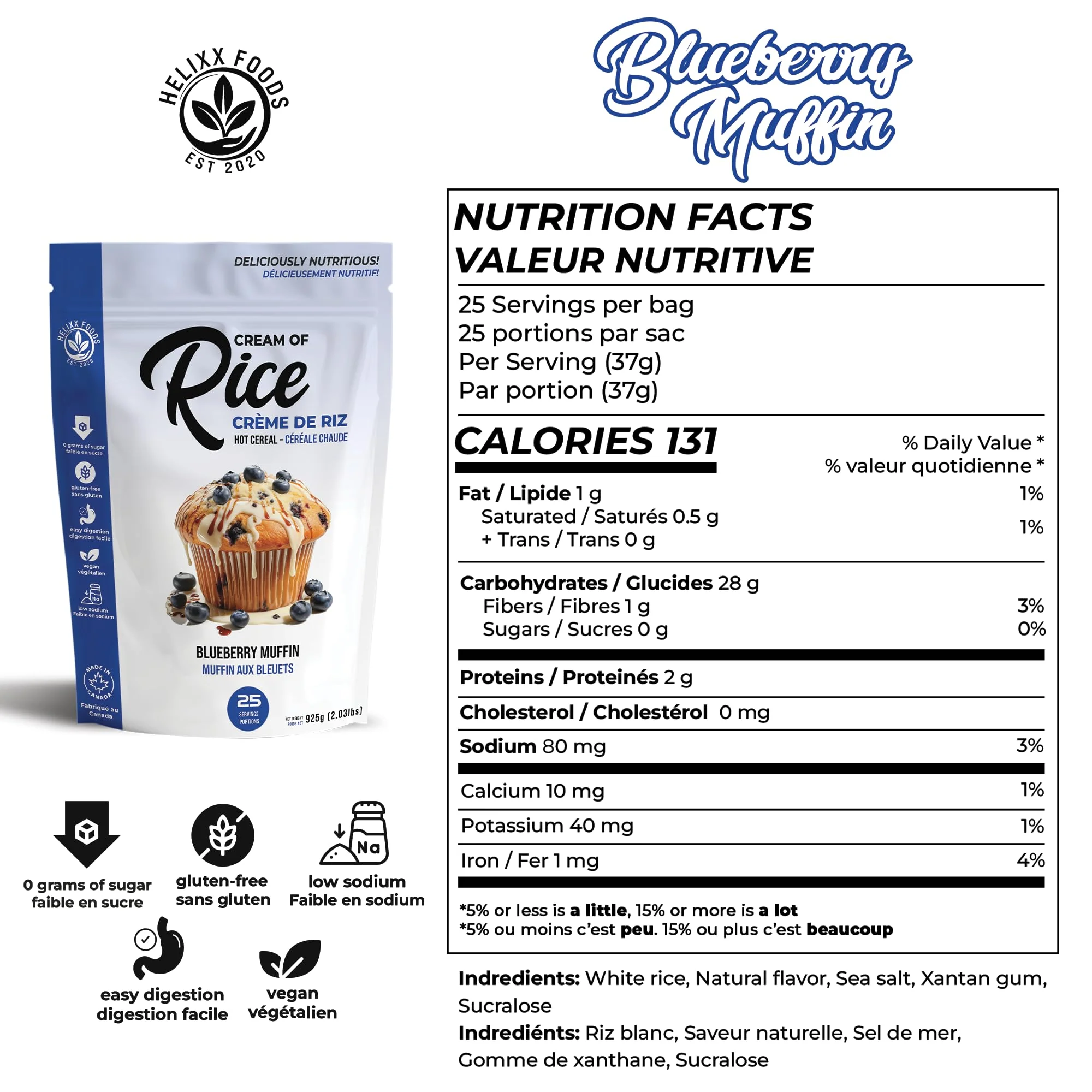 Helixx Foods, Cream of Rice, Blueberry Muffin, Product of Canada, 925g/2.03 lbs - Canadian Distribution - Ships Free Within Canada on Orders Above CAD $199 - Image 5