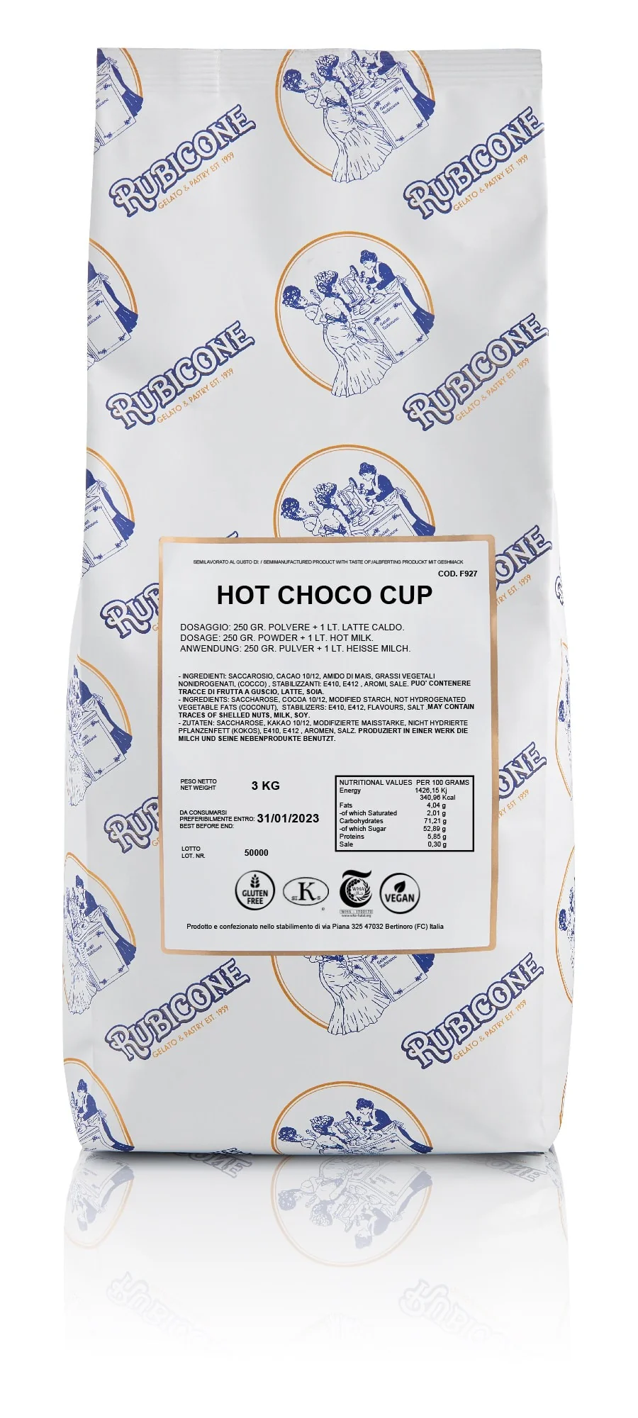 Premium Hot Chocolate Powder Mix - Hot Choco Cup - 3 KG Bag - Made in Italy by Rubicone - Canadian Distribution - Ships Free Within Canada on Orders Above CAD $199 - Image 2