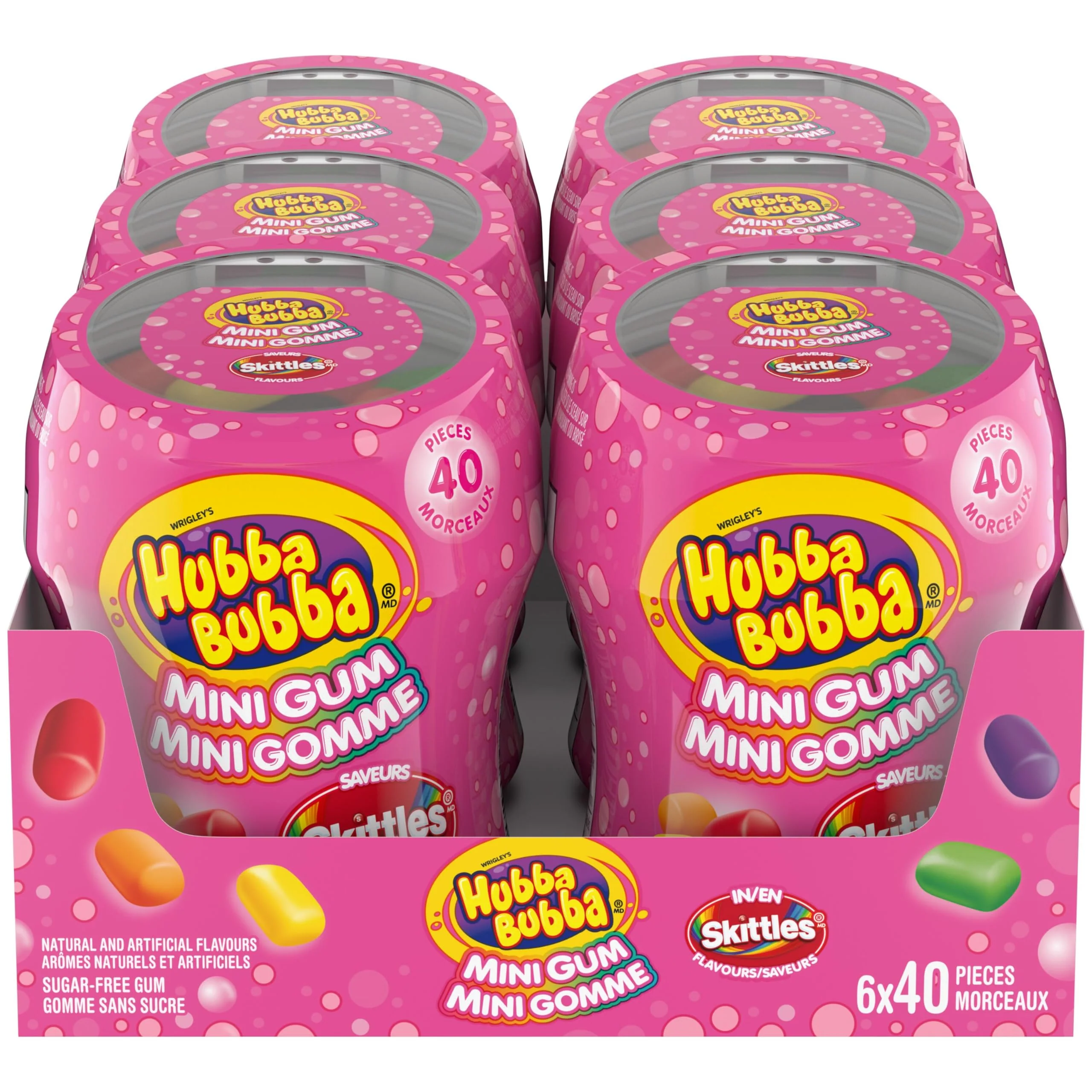 HUBBA BUBBA Minis Sugar-Free Bubble Gum in SKITTLES Flavours – 6 Resealable Bottles (40 Pieces Each) - Canadian Distribution - Ships Free Within Canada on Orders Above CAD $199