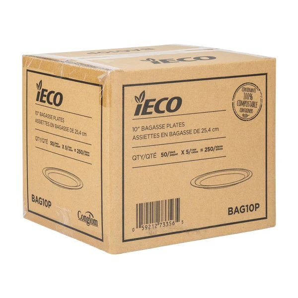 IECO 10-in Bagasse Plates - 5 packs of 50 - Disposables, Restaurant Packaging and Take-Out Supplies - Canadian Distribution - Ships Free Within Canada on Orders Above CAD $199 - Image 2