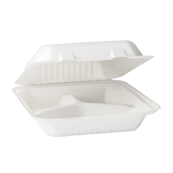 iECO Hinged 3-compartment Bagasse Containers 9 in × 9 in - 2 Packs of 50  - Disposables, Restaurant Packaging and Take-Out Supplies - Canadian Distribution - Ships Free Within Canada on Orders Above CAD $199