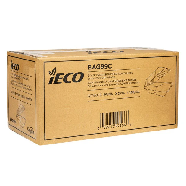 iECO Hinged 3-compartment Bagasse Containers 9 in × 9 in - 2 Packs of 50  - Disposables, Restaurant Packaging and Take-Out Supplies - Canadian Distribution - Ships Free Within Canada on Orders Above CAD $199 - Image 2