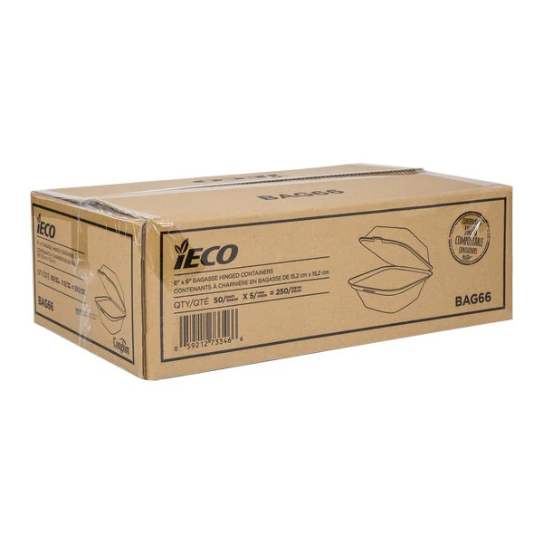iEco Hinged Bagasse Container 6 in × 6 in - 5 packs of 50  - Disposables, Restaurant Packaging and Take-Out Supplies - Canadian Distribution - Ships Free Within Canada on Orders Above CAD $199 - Image 2