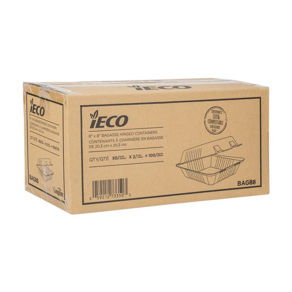 iEco Hinged Bagasse Container 8 in × 8 in - 2 packs of 50  - Disposables, Restaurant Packaging and Take-Out Supplies - Canadian Distribution - Ships Free Within Canada on Orders Above CAD $199 - Image 3
