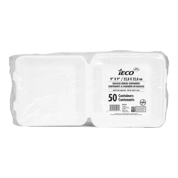 IECO Hinged Bagasse Containers 9 in × 9 in - 2 packs of 50  - Disposables, Restaurant Packaging and Take-Out Supplies - Canadian Distribution - Ships Free Within Canada on Orders Above CAD $199 - Image 2