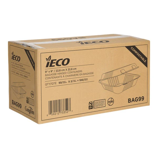 IECO Hinged Bagasse Containers 9 in × 9 in - 2 packs of 50  - Disposables, Restaurant Packaging and Take-Out Supplies - Canadian Distribution - Ships Free Within Canada on Orders Above CAD $199 - Image 3