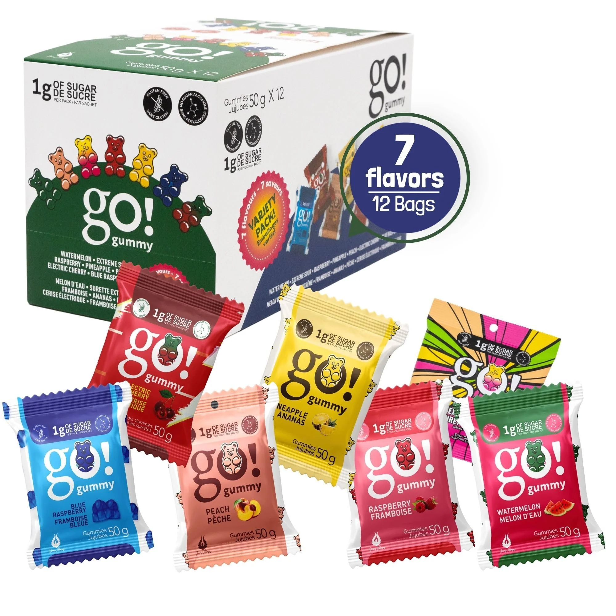 Jimmy Sevigny – GoGummy Low Sugar Gummy Bears – Variety Pack, 7 Flavours – 50g x 12 - Canadian Distribution - Ships Free Within Canada on Orders Above CAD $199