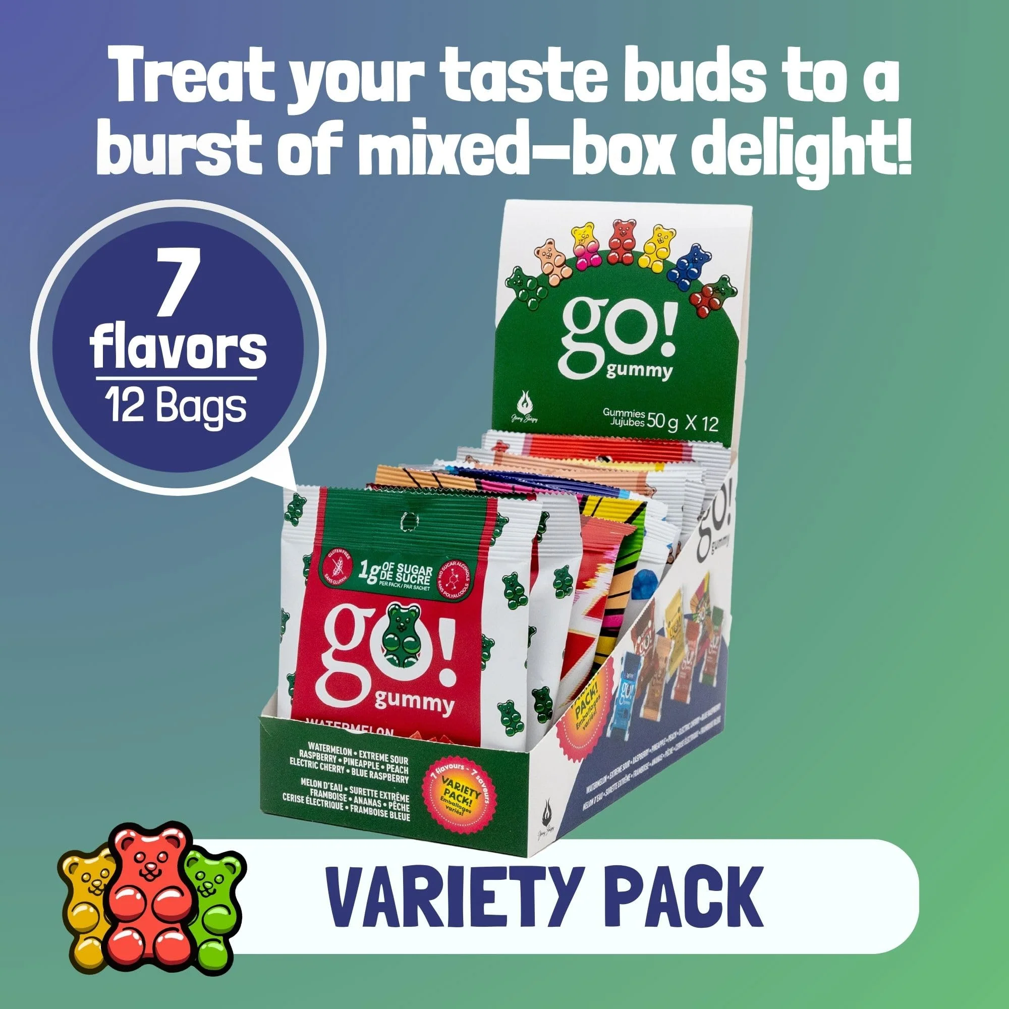 Jimmy Sevigny – GoGummy Low Sugar Gummy Bears – Variety Pack, 7 Flavours – 50g x 12 - Canadian Distribution - Ships Free Within Canada on Orders Above CAD $199 - Image 4