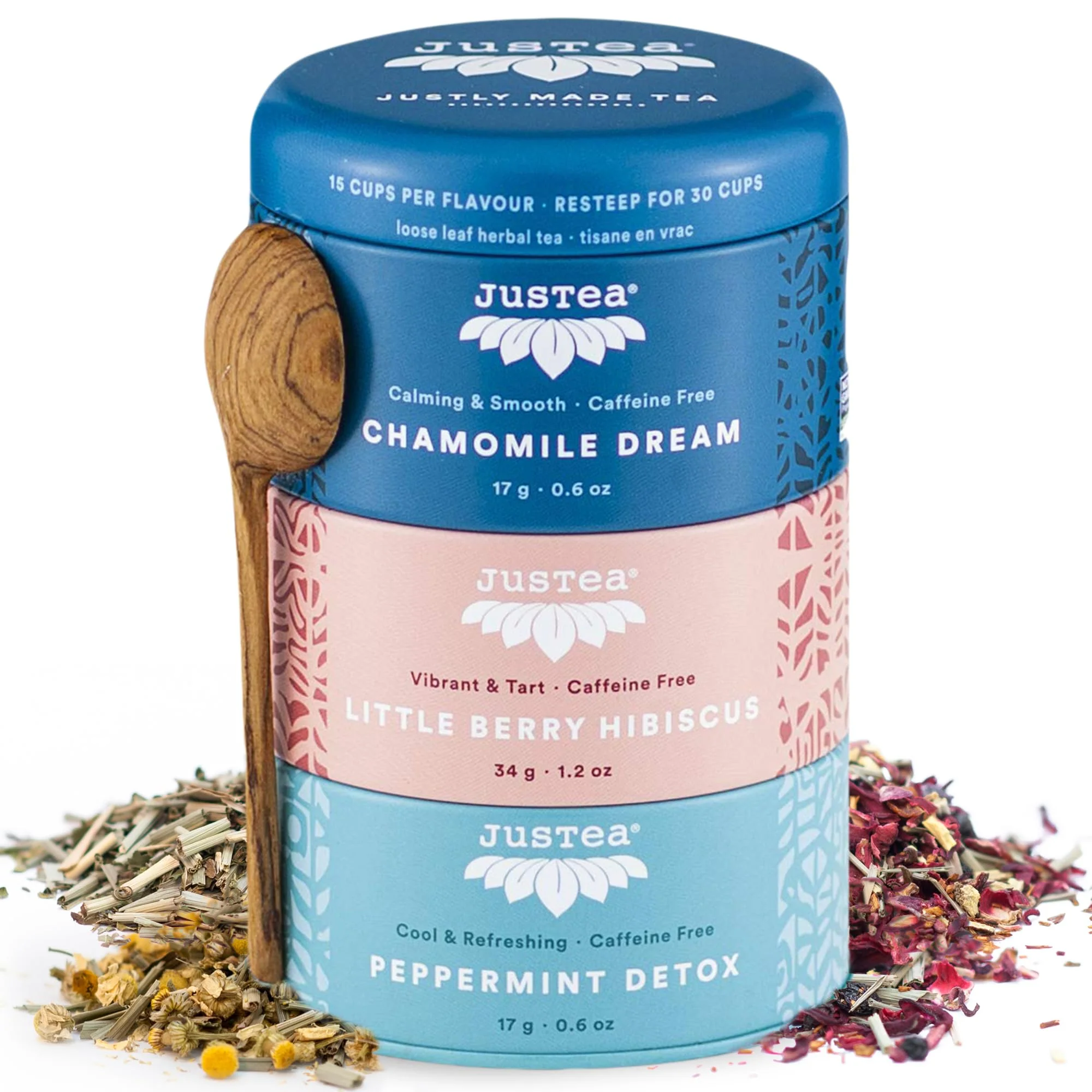 JusTea – Herbal Tea Trio – Variety Pack – Loose Leaf + Carved Spoon - Canadian Distribution - Ships Free Within Canada on Orders Above CAD $199