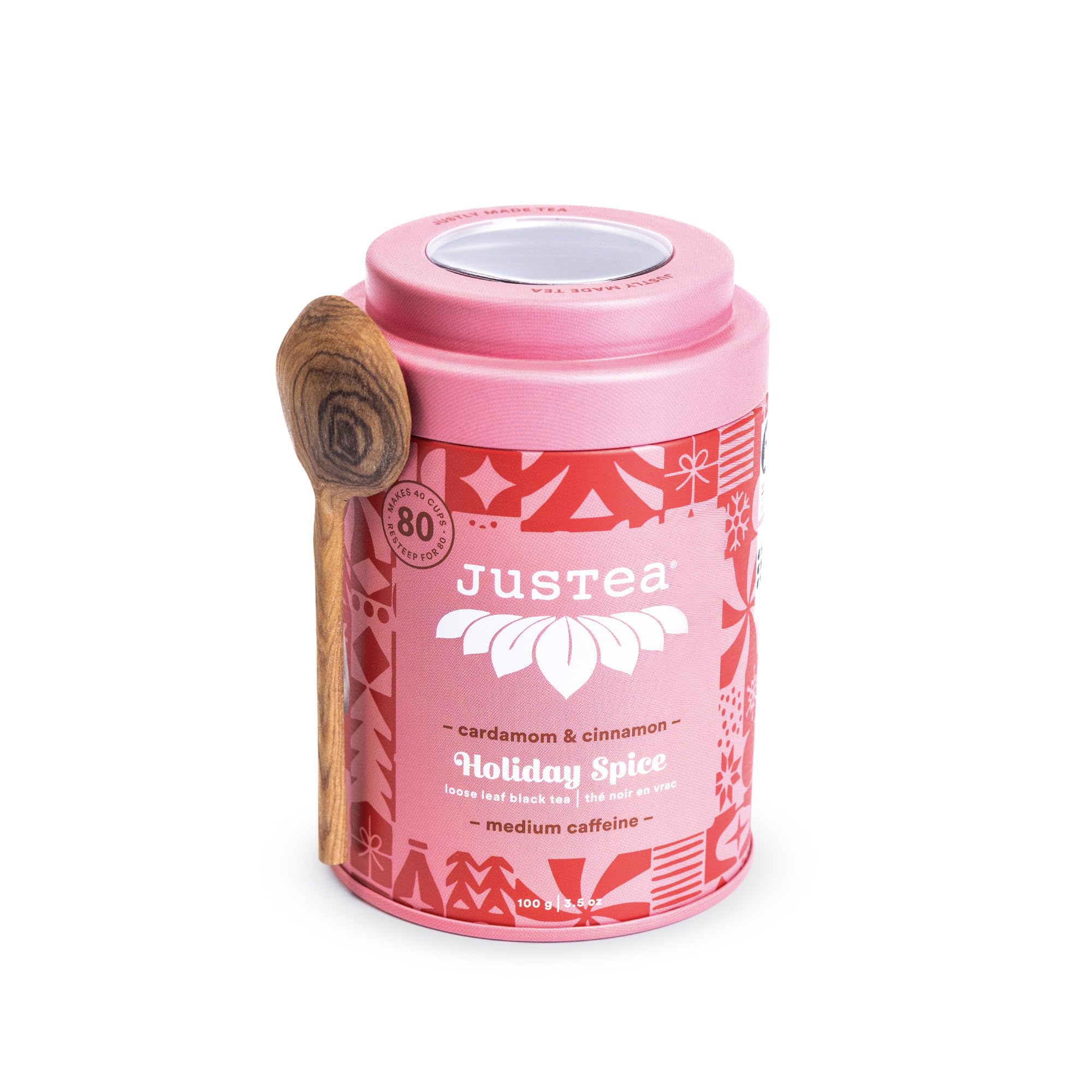 JusTea Holiday Spice Loose Leaf Black Tea | 100g Tin with Carved Tea Spoon | 40+ Servings | Fair Trade & Organic - Canadian Distribution - Ships Free Within Canada on Orders Above CAD $199