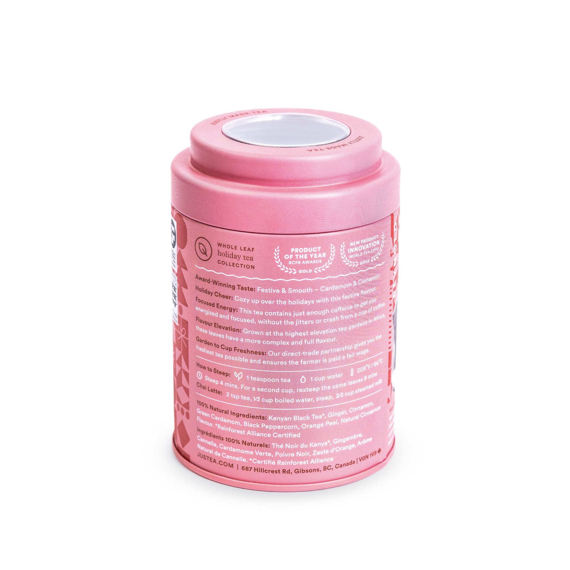 JusTea Holiday Spice Loose Leaf Black Tea | 100g Tin with Carved Tea Spoon | 40+ Servings | Fair Trade & Organic - Canadian Distribution - Ships Free Within Canada on Orders Above CAD $199 - Image 4
