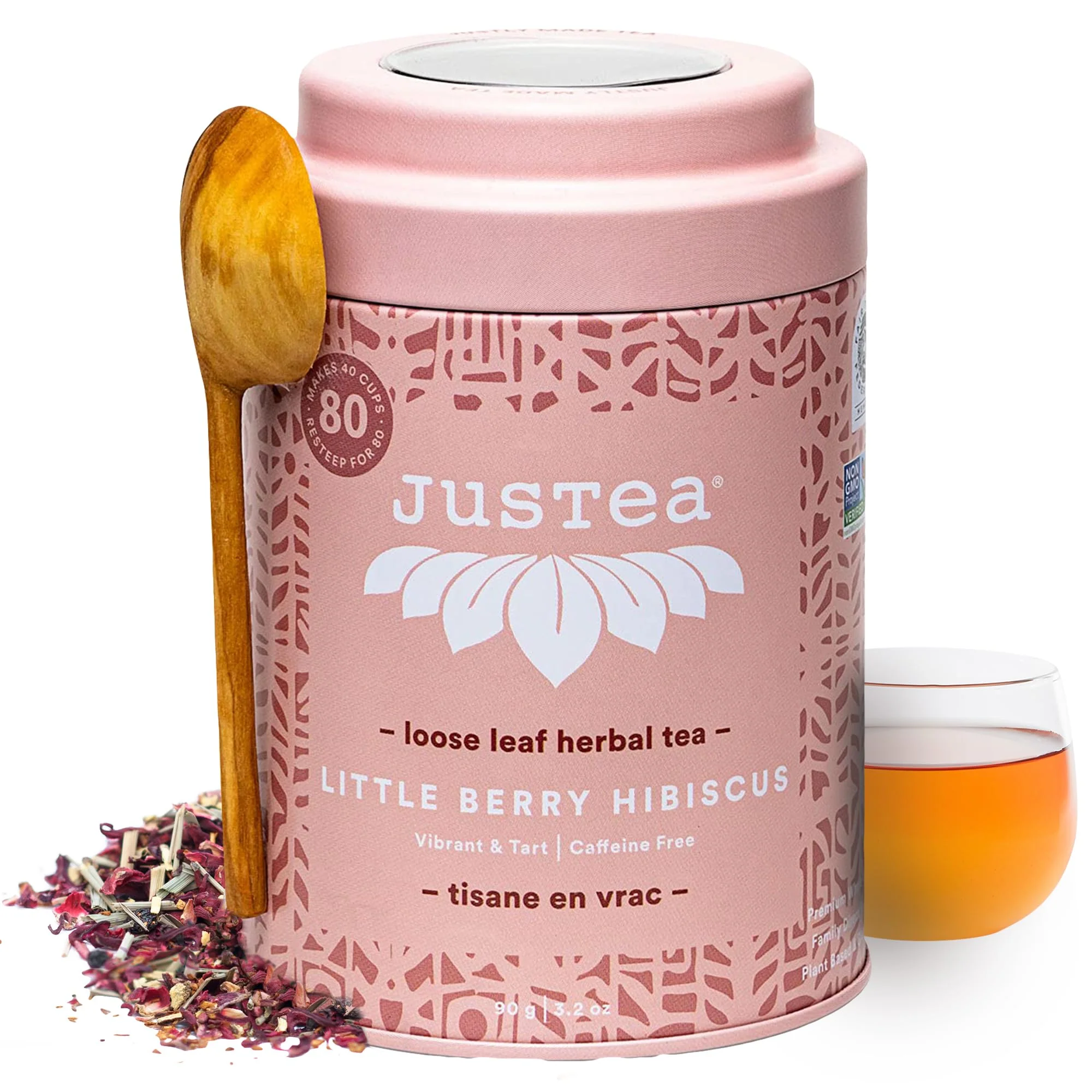 JusTea Little Berry Hibiscus Loose Leaf Herbal Tea | 90g Tin with Carved Spoon | 40+ Cups | Caffeine-Free | Fair Trade & Organic - Canadian Distribution - Ships Free Within Canada on Orders Above CAD $199
