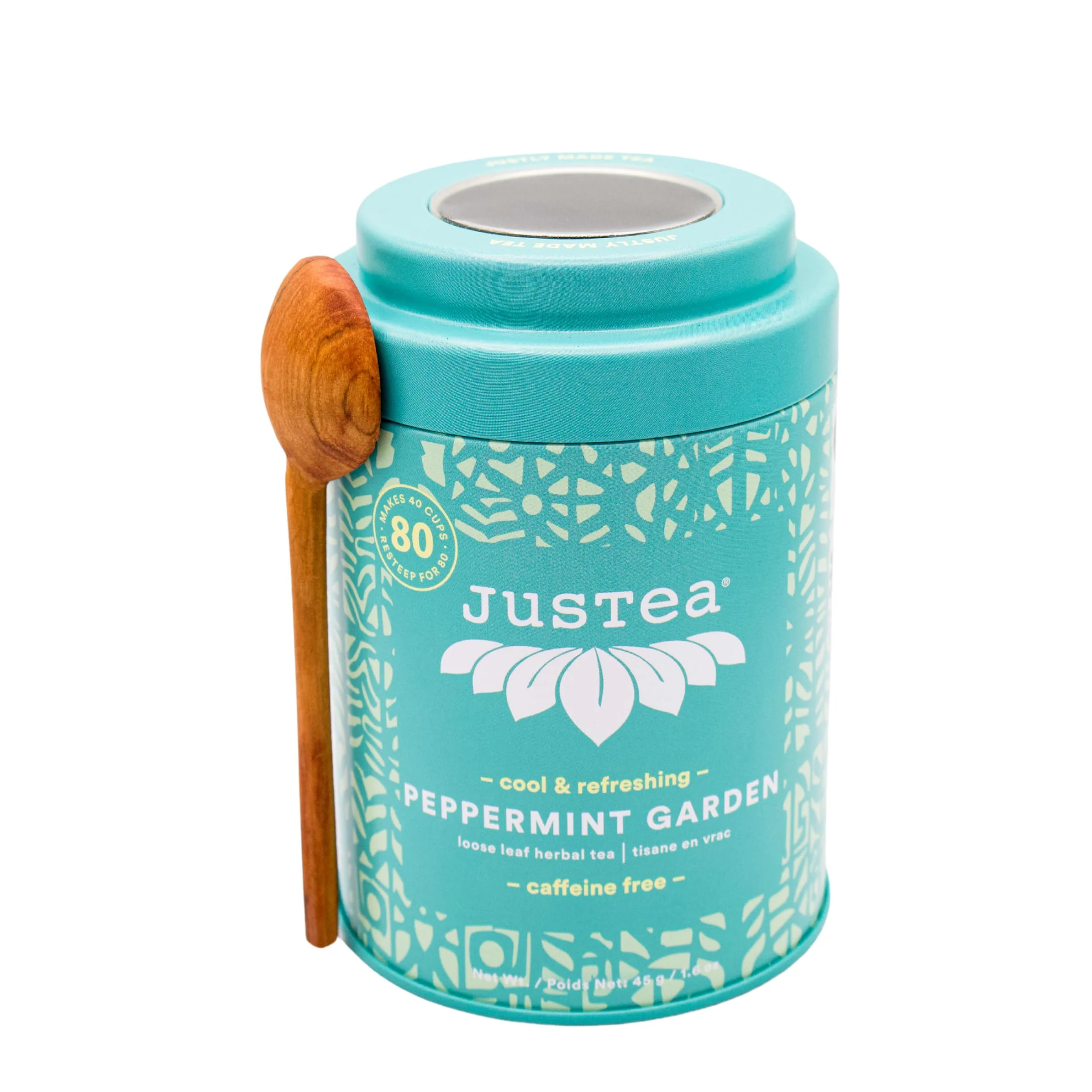 JusTea Peppermint Garden Loose Leaf Herbal Tea | Tin with Hand-Carved Spoon | 40+ Cups (45g) | Caffeine-Free | Award-Winning | Fair Trade - Canadian Distribution - Ships Free Within Canada on Orders Above CAD $199