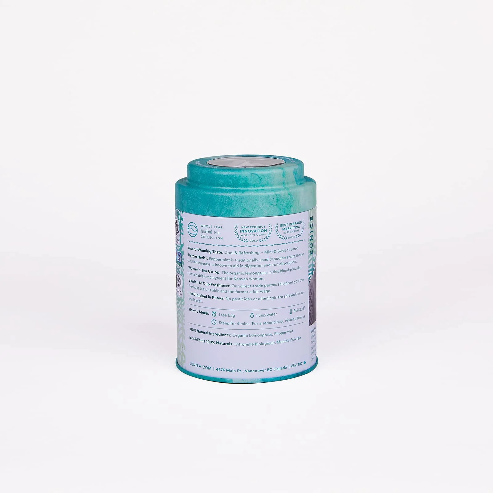 JusTea Peppermint Garden Loose Leaf Herbal Tea | Tin with Hand-Carved Spoon | 40+ Cups (45g) | Caffeine-Free | Award-Winning | Fair Trade - Canadian Distribution - Ships Free Within Canada on Orders Above CAD $199 - Image 2