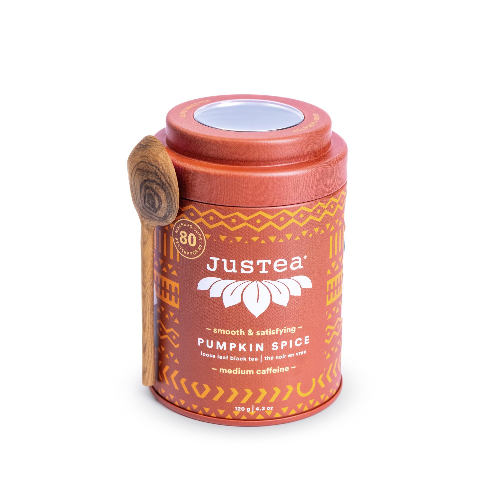 JusTea Pumpkin Spice Loose Leaf Black Tea | 120g Tin with Hand-Carved Spoon | 40+ Servings | Medium Caffeine | Fair Trade & Organic - Canadian Distribution - Ships Free Within Canada on Orders Above CAD $199