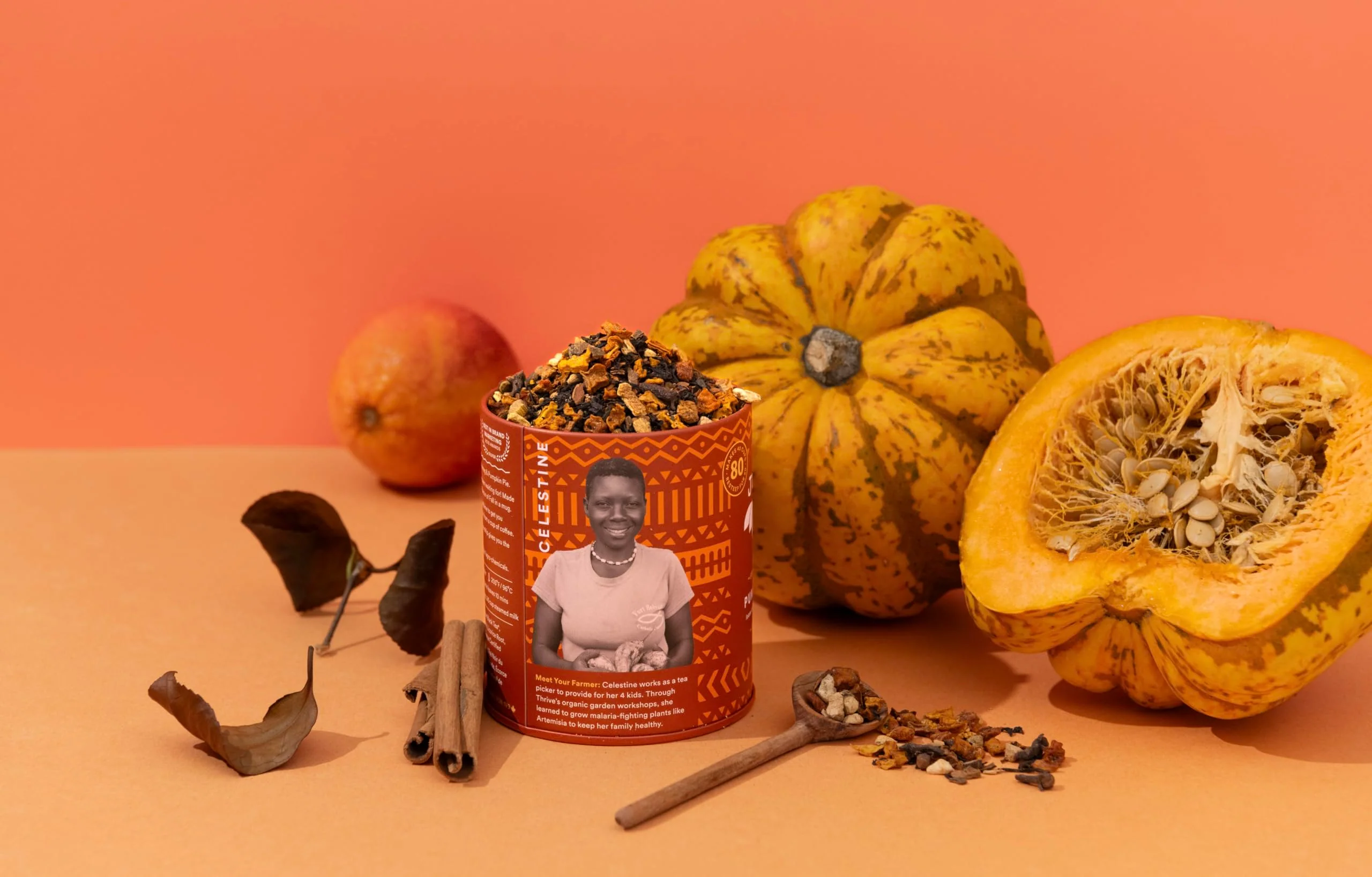 JusTea Pumpkin Spice Loose Leaf Black Tea | 120g Tin with Hand-Carved Spoon | 40+ Servings | Medium Caffeine | Fair Trade & Organic - Canadian Distribution - Ships Free Within Canada on Orders Above CAD $199 - Image 2