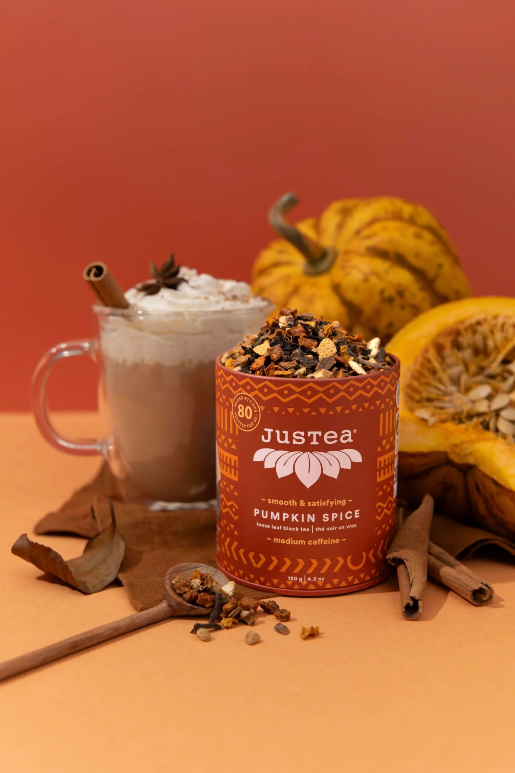 JusTea Pumpkin Spice Loose Leaf Black Tea | 120g Tin with Hand-Carved Spoon | 40+ Servings | Medium Caffeine | Fair Trade & Organic - Canadian Distribution - Ships Free Within Canada on Orders Above CAD $199 - Image 3