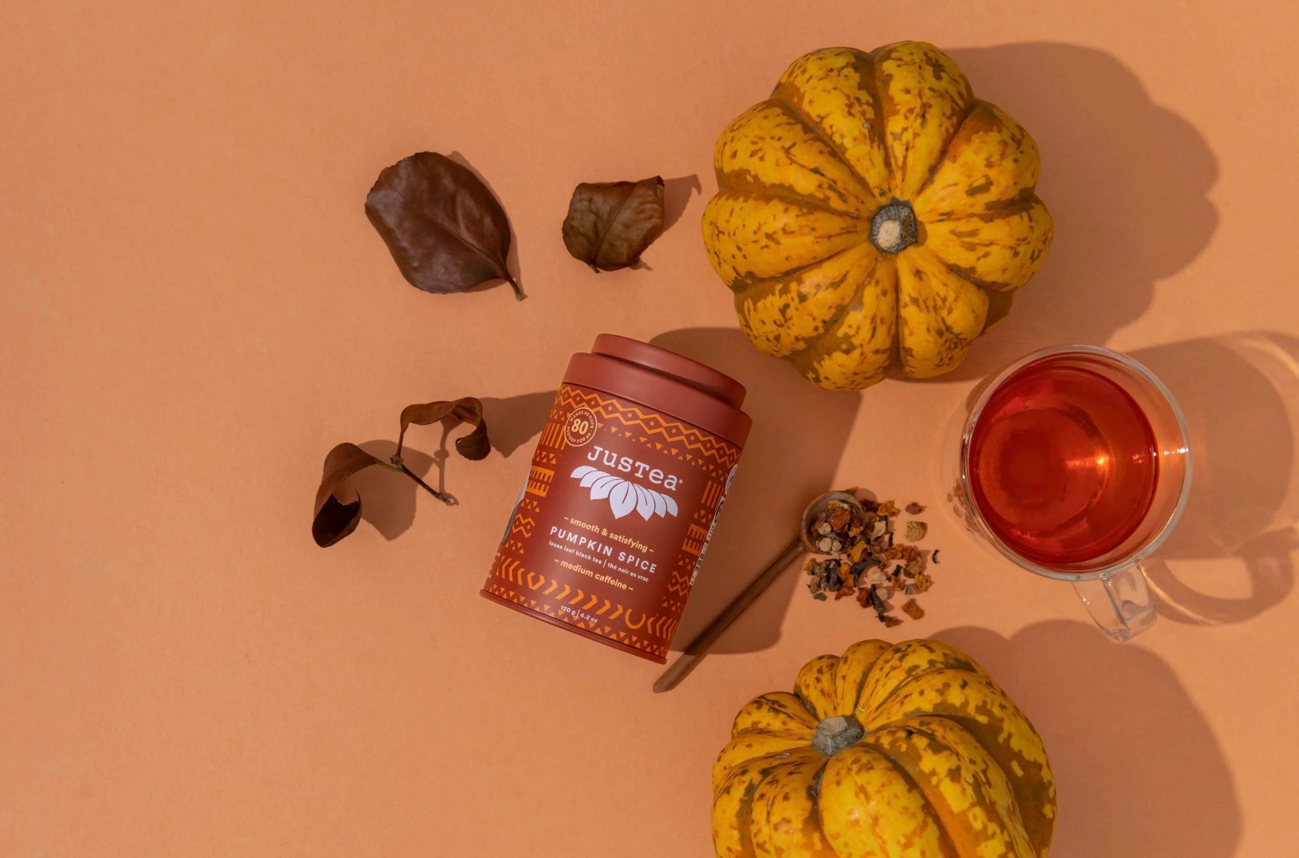 JusTea Pumpkin Spice Loose Leaf Black Tea | 120g Tin with Hand-Carved Spoon | 40+ Servings | Medium Caffeine | Fair Trade & Organic - Canadian Distribution - Ships Free Within Canada on Orders Above CAD $199 - Image 4