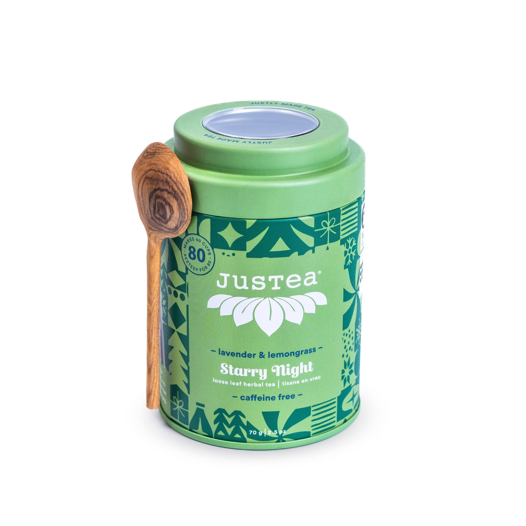 JusTea Starry Night Loose Leaf Herbal Tea | 70g Tin with Carved Spoon | 40+ Servings | Caffeine-Free | Fair Trade & Organic - Canadian Distribution - Ships Free Within Canada on Orders Above CAD $199