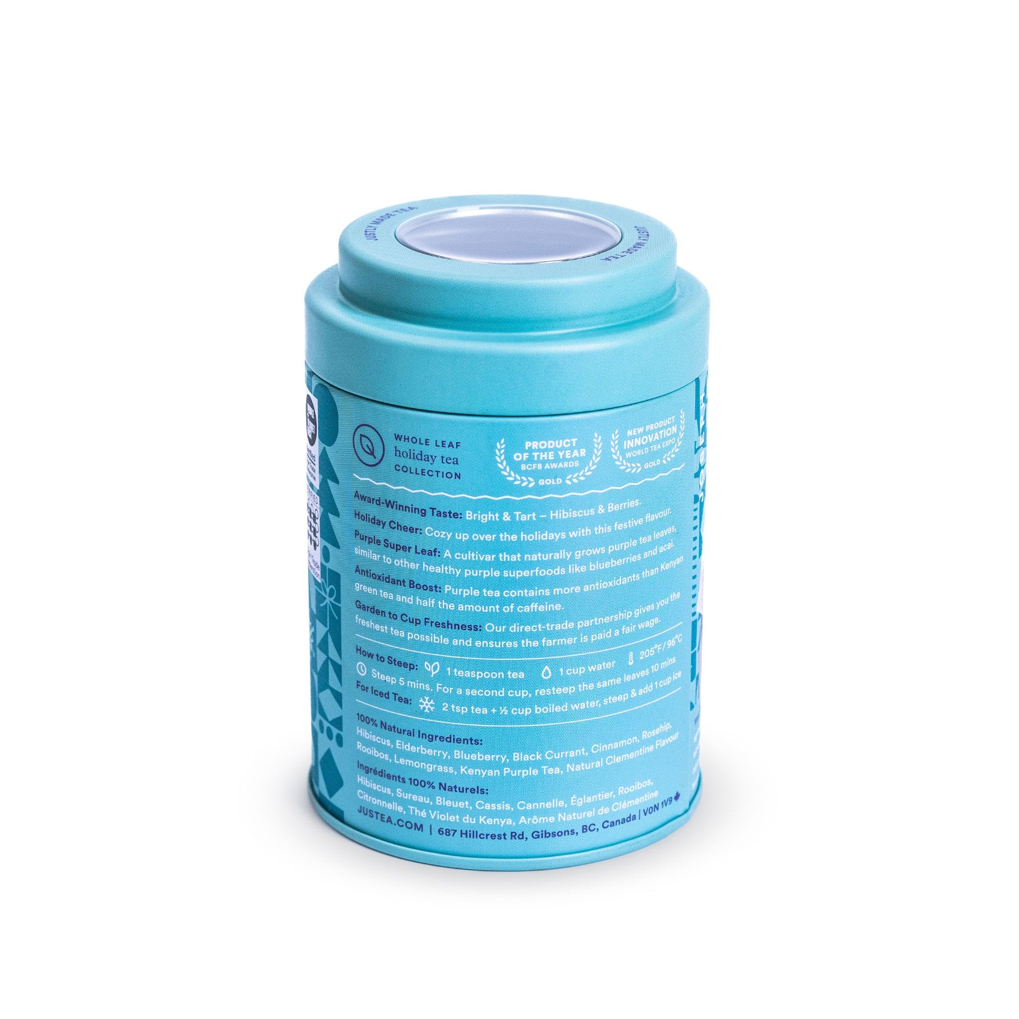 JusTea Winter Wonderland Purple Tea | Loose Leaf in Tin with Carved Spoon | 40+ Servings (80g) | Low Caffeine, Award-Winning, Fair Trade & Organic - Canadian Distribution - Ships Free Within Canada on Orders Above CAD $199 - Image 4