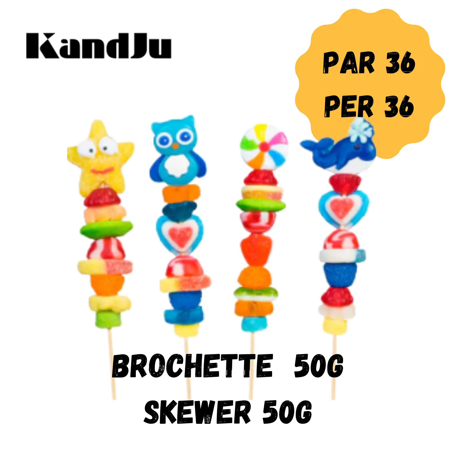Kand Ju Candy Skewers - Case of 36 x 50g Skewers - Premium Candies & Gummies - Ships Free Within Canada on Orders Above CAD $199
