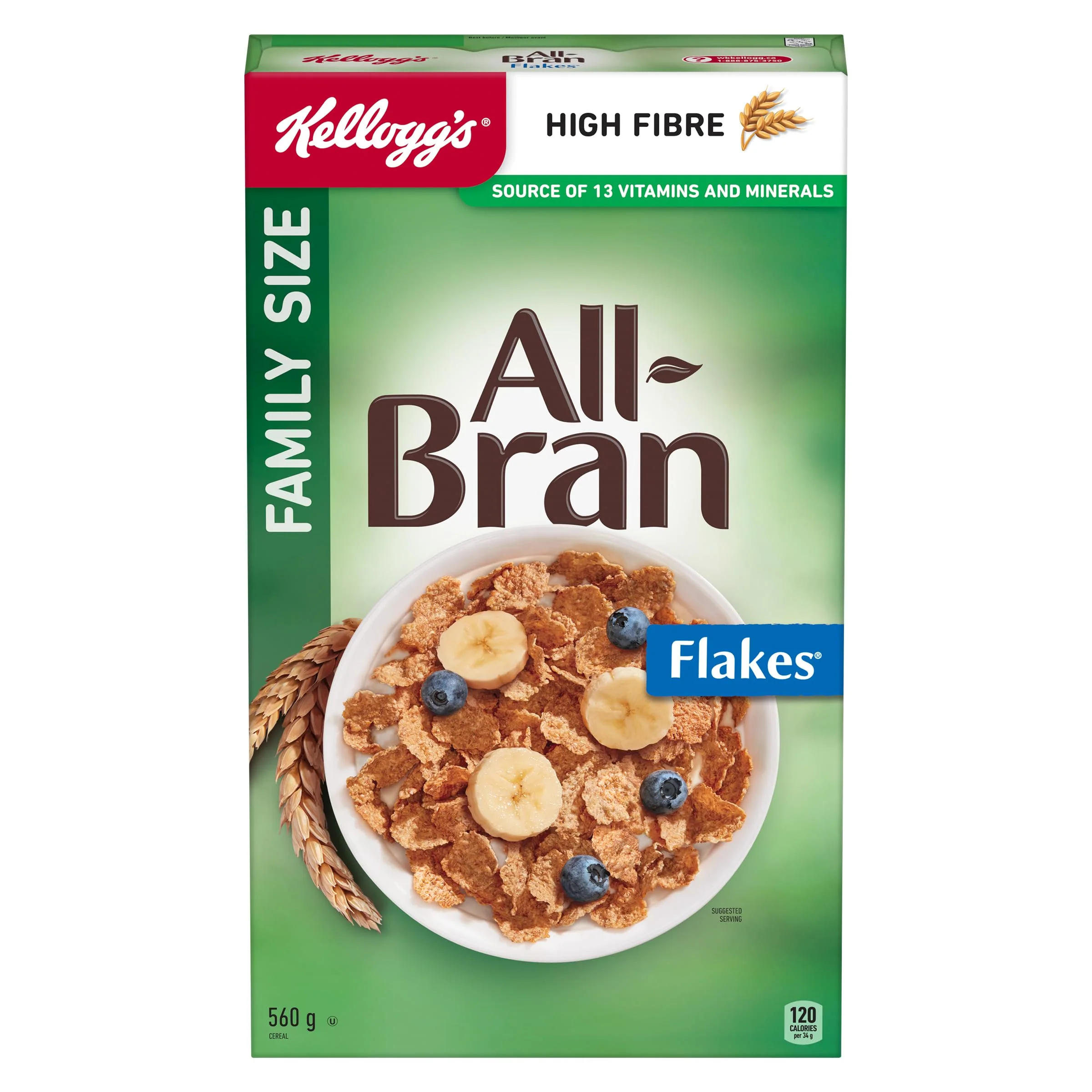 Kellogg's All-Bran Flakes Cereal 2 x 560g Family Size – High Fiber Breakfast - Canadian Distribution - Ships Free Within Canada on Orders Above CAD $199